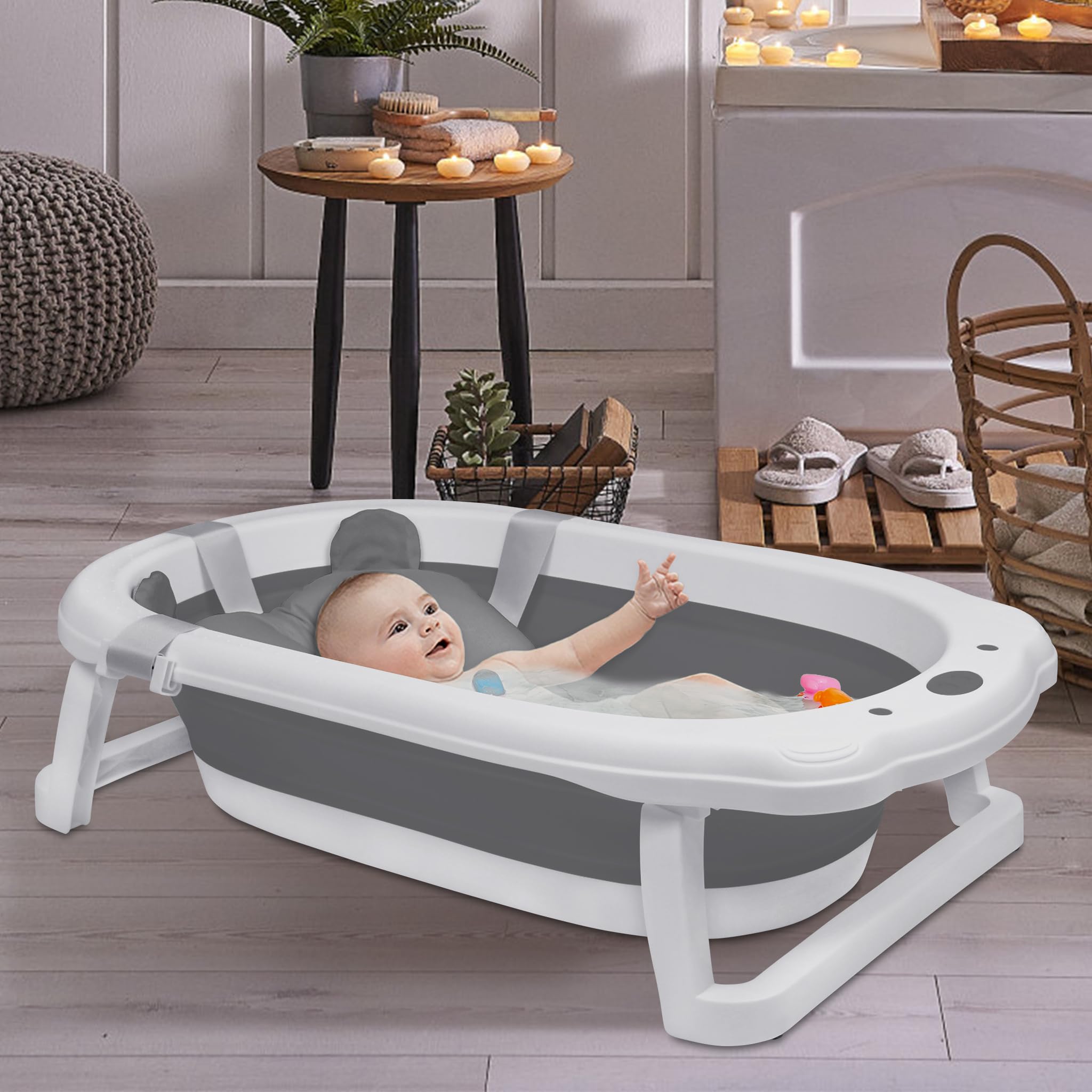 Aufun Faltbare Baby Badewanne ergonomische Babywanne mit rutschfesten Füßen für Babys und Neugeborene, inkl. Bade Sitzkissen, folding bathtub, platzsparend (Grau+ Badewannenkissen)