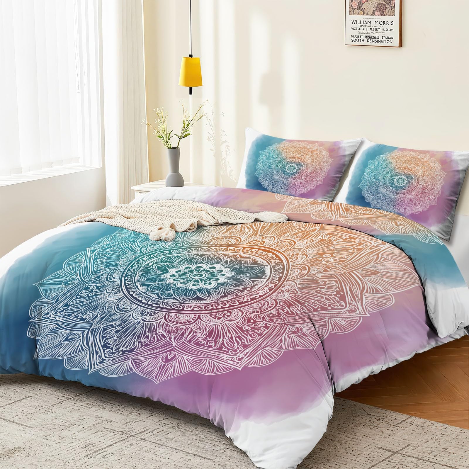 Juego de Funda nórdica Mandala De Acuarela 260 x 240 cm, Juego de Cama de Microfibra Suave con Cierre de Cremallera, 3 Piezas, Ropa de Cama para Todas Las Estaciones, Vistoso
