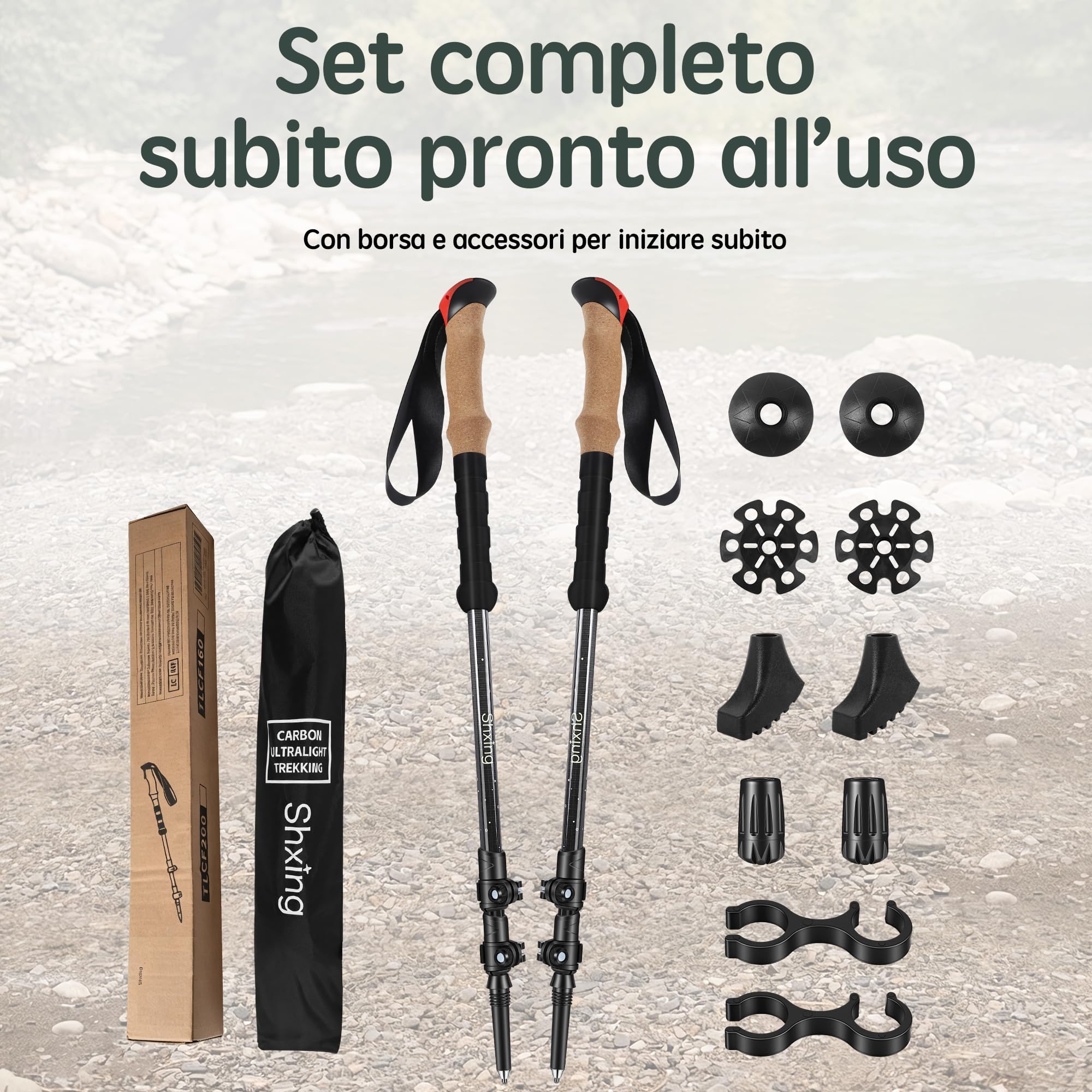 Bastoncini trekking telescopici 2 pezzi, 200 g ciascuno, 62–135 cm, carbonio, impugnatura in sughero + EVA, chiusura in alluminio, per trekking e nordic walking