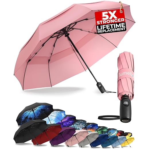 TUMELLA Strongest Windproof Travel Umbrella (Compact, 100MPH Wind-Tested), Light, Portable, One-Handed Use, Automatic Folding Rain Umbrella, Durable, Premium Grip, Fits Car & Backpack
