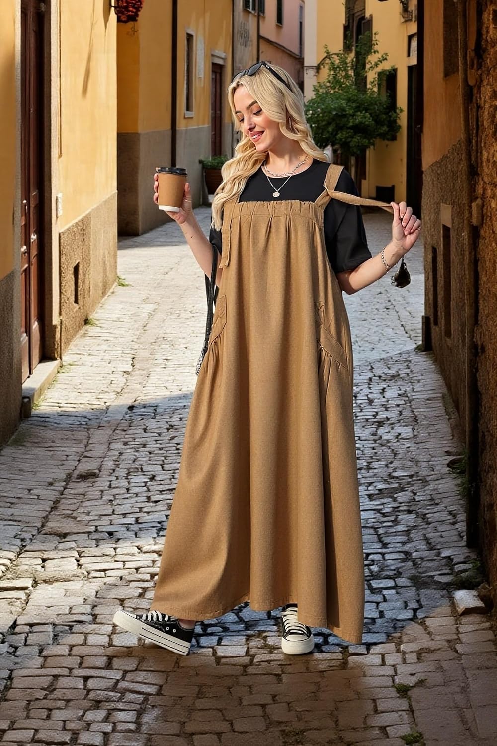 Denim Jumper Dress for Women Loose Version Baggy Style Maxi Length Adjustable Straps Wide Hemline - Image 3