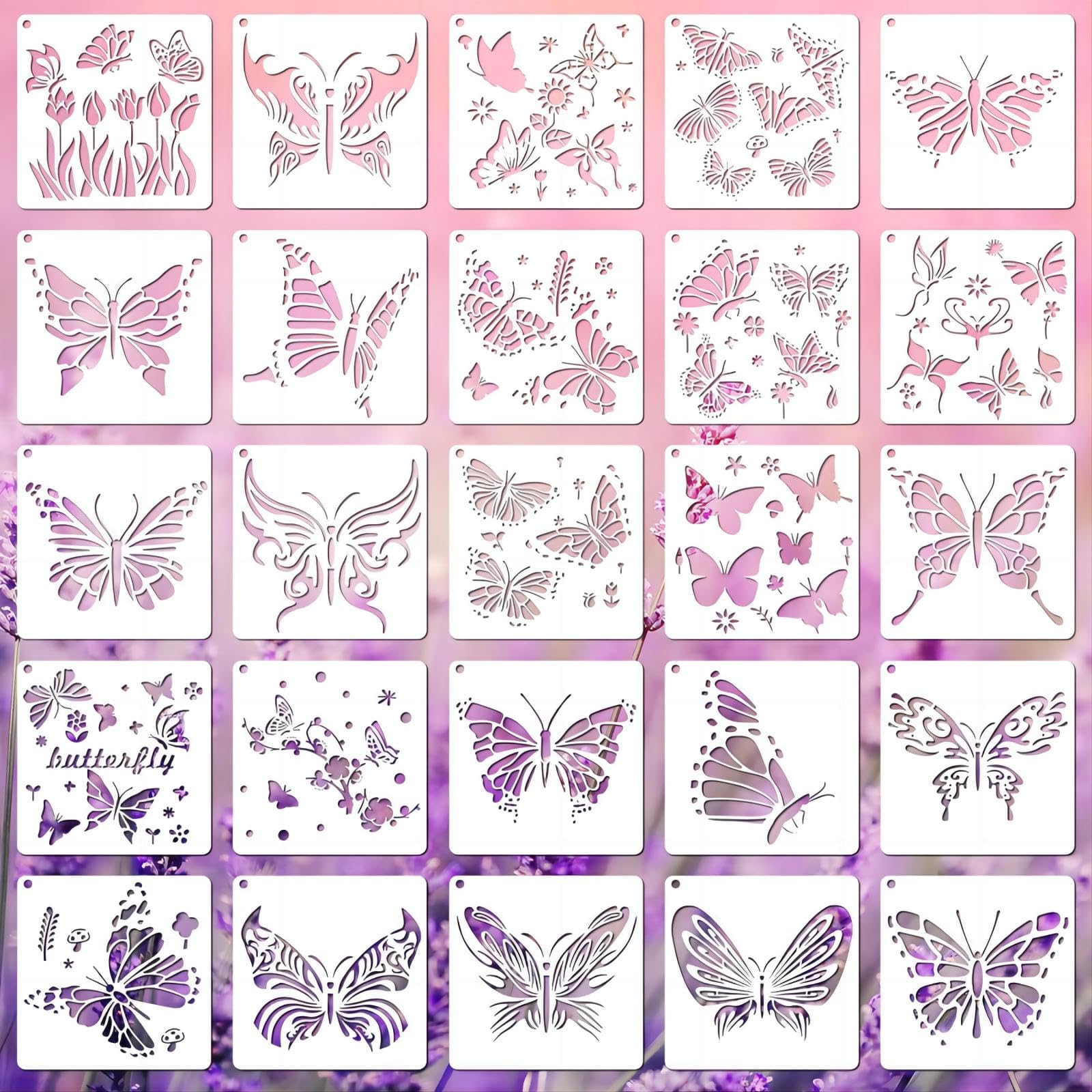 25 Pieces Butterfly Stencils Spring Templates Reusable Plastic Craft Stencils Butterfly Painting Themed Templet Drawing Templates for Paint Craft DIY Nature Home Decor Wood Sign(5.9 x 5.9 Inch)