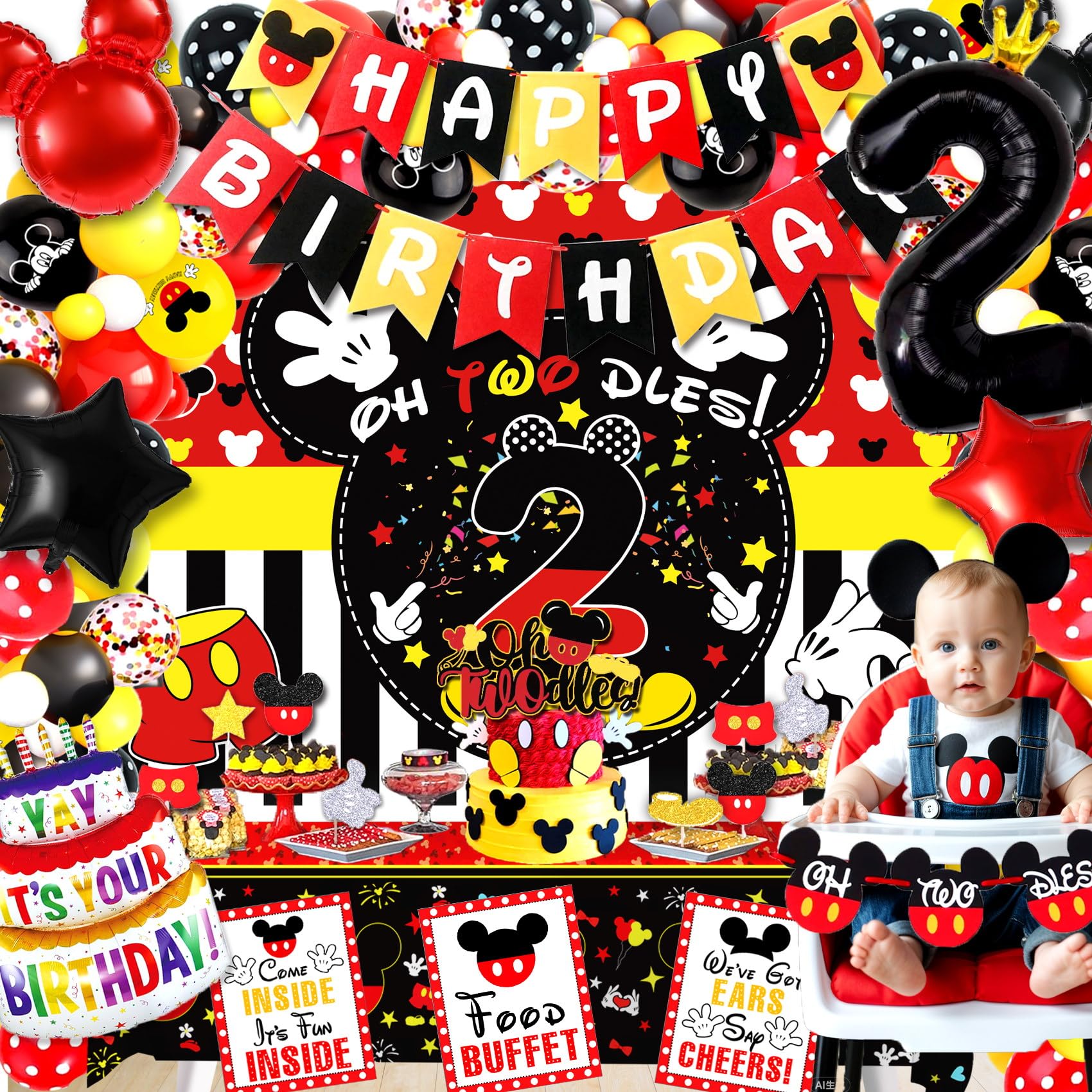 132pcs Oh Twodles Birthday Party Supplies Boy, Red Mouse 2nd Birthday Decorations Supplies, Balloons Arch Banner Backdrop Tablecover Cake Topper for Black Mouse Themed Boy 2 Years Old Birth Party