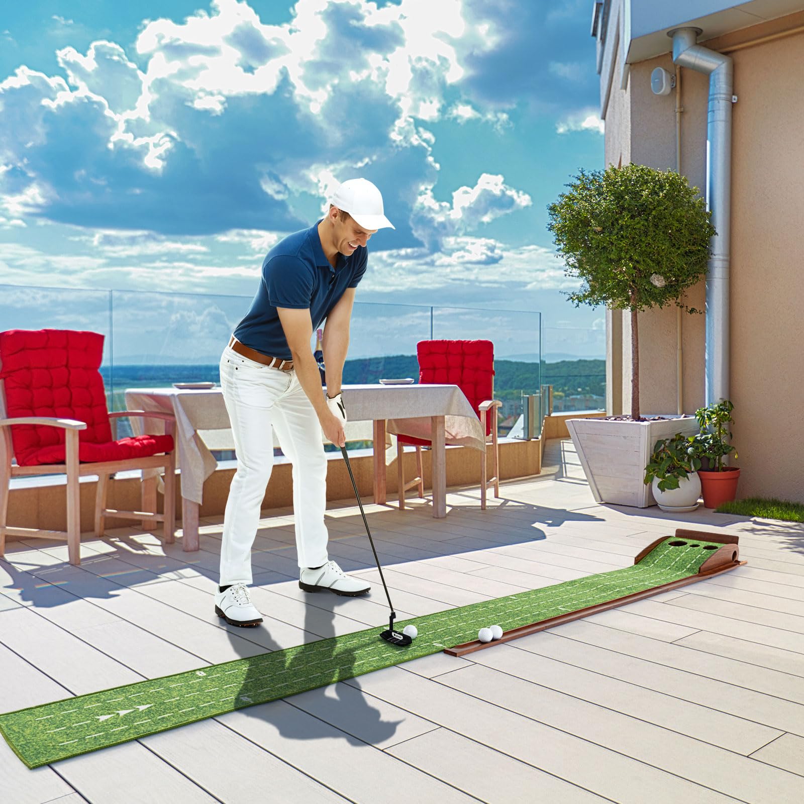 GOPLUS Tapis de Putting de Golf 1/2/3 Trous, Tapis d'Entraînement au Putting avec Retour Automatique de Balle, Guides d'Alignement, 3 Balles de Golf, pour Maison/Bureau