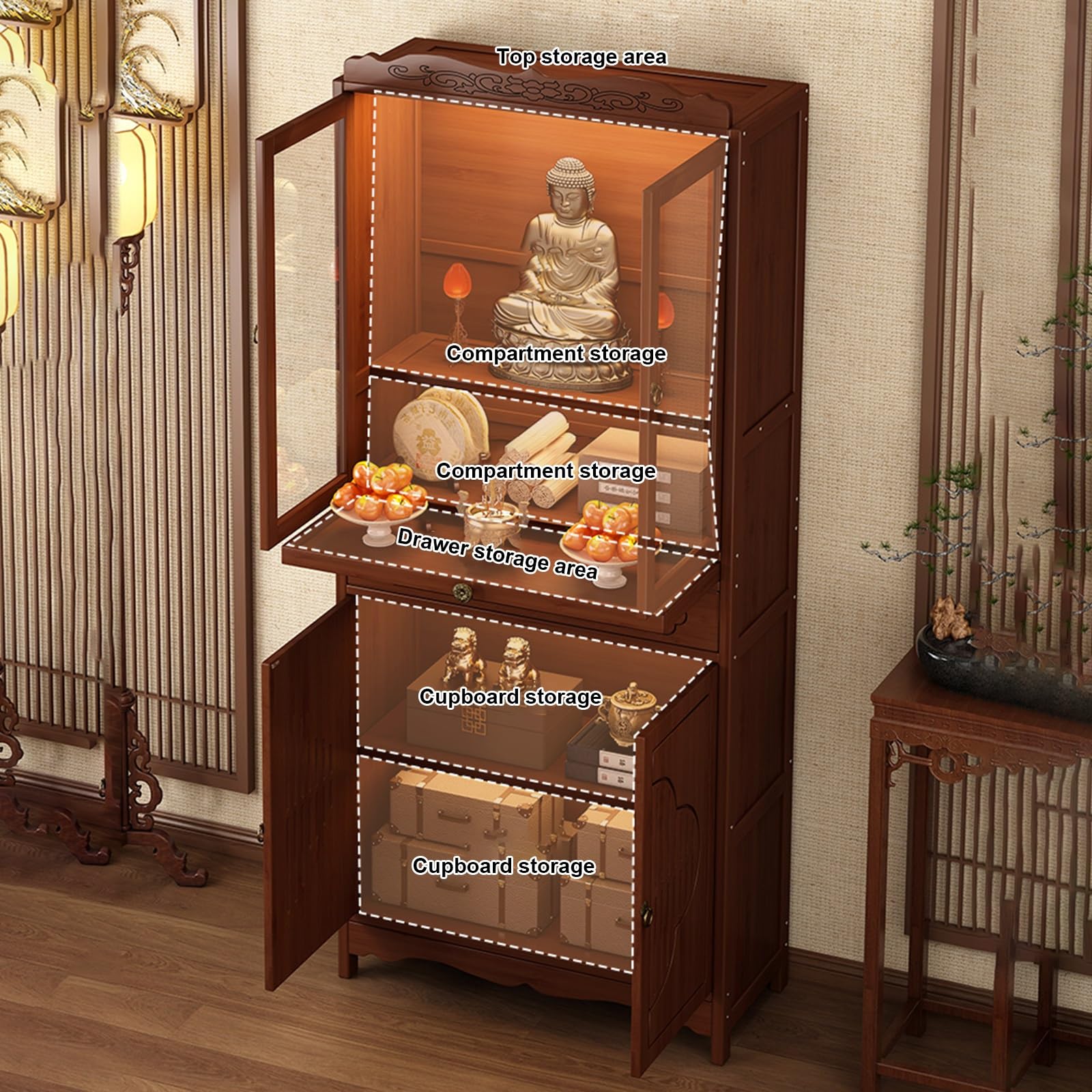 Mesa de Altar Budista Vintage – Soporte para Santuario Personal, Mesa de meditación de bambú para Pooja, Altar Budista doméstico, Mueble para Templo (26,8 * 13 * 66,9 Pulgadas)