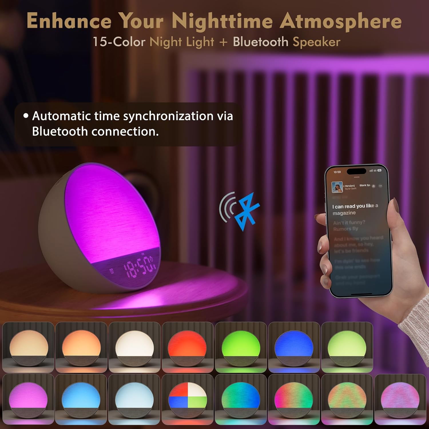 Tap-to-Snooze Sunrise Alarm Clock with Sound Machine, 36 Sounds White Noise Machine for Sleeping Adults, Gradual Sunrise Clock with Bluetooth Speaker & Remote Control, 15-Color Night Light丨Putty