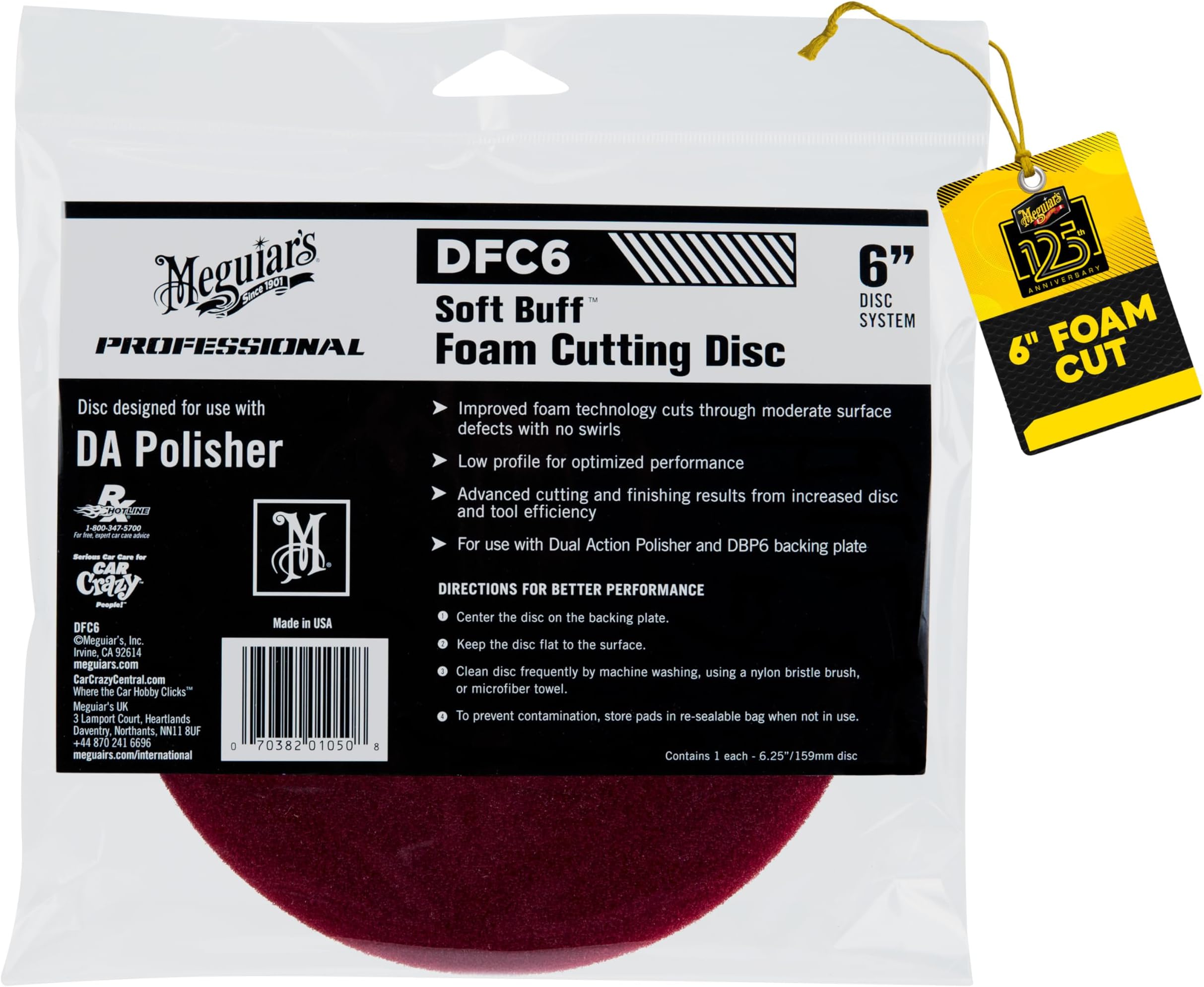 Meguiar's 6” Soft Buff DA Foam Cutting Disc DFC6 - Hook and Loop Pad for Use with a 6” DA Backing Plate, Dual Action Polisher, and Compound for Paint Defect Removal