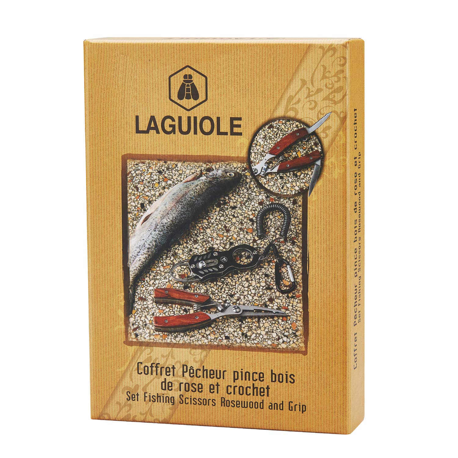 LAGUIOLE - Laguiole 40268483 Coffret Pêcheur contenant une Pince (22 cm) et un Crochet en Acier Inoxydable avec Manche en Bois de Rose Marron