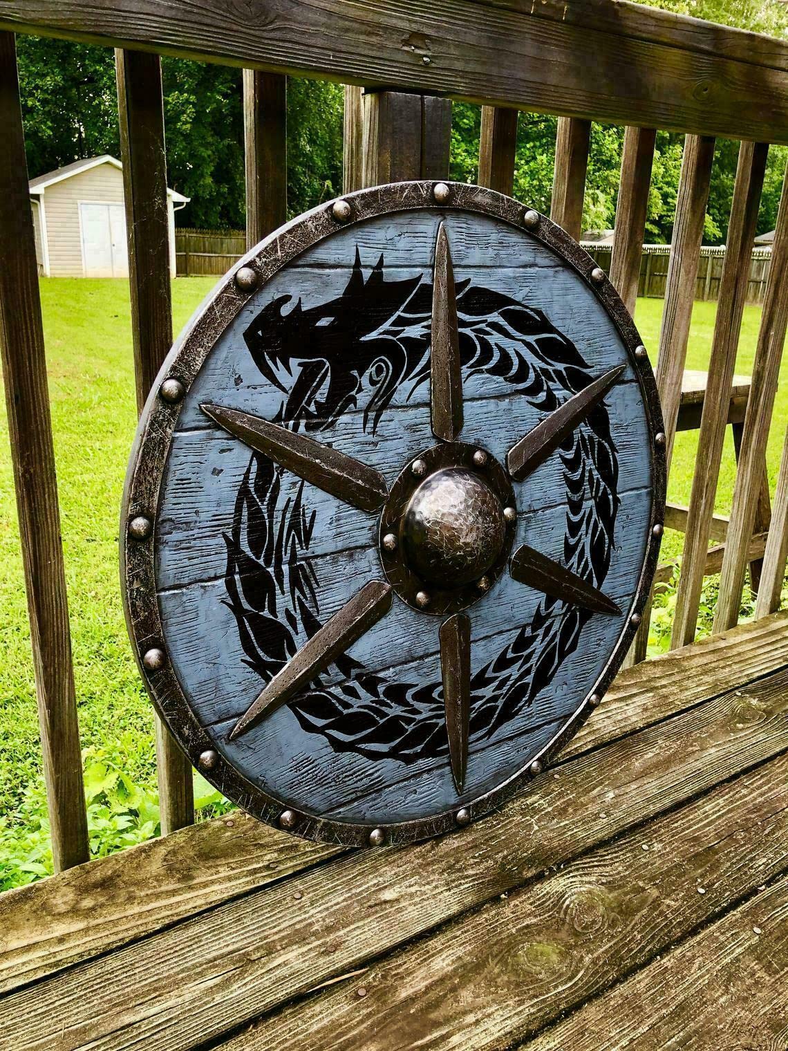 Bouclier viking médiéval Ouroboros Battleworn 61 cm acier bois bleu ciel Medium
