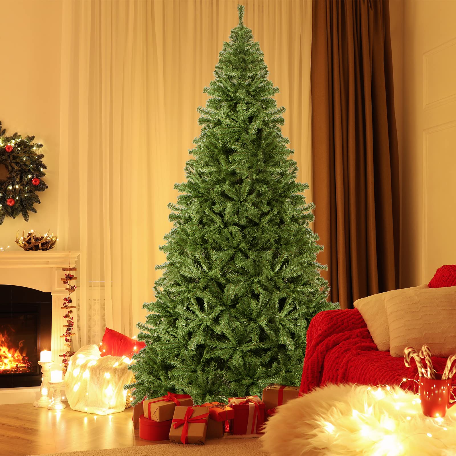 9FT Artificial Christmas Tree, Premium Hinged Xmas Tree with 2132 Branch Tips, Metal Stand, Christmas Pine Tree for Indoor and Outdoor Holiday Decoration