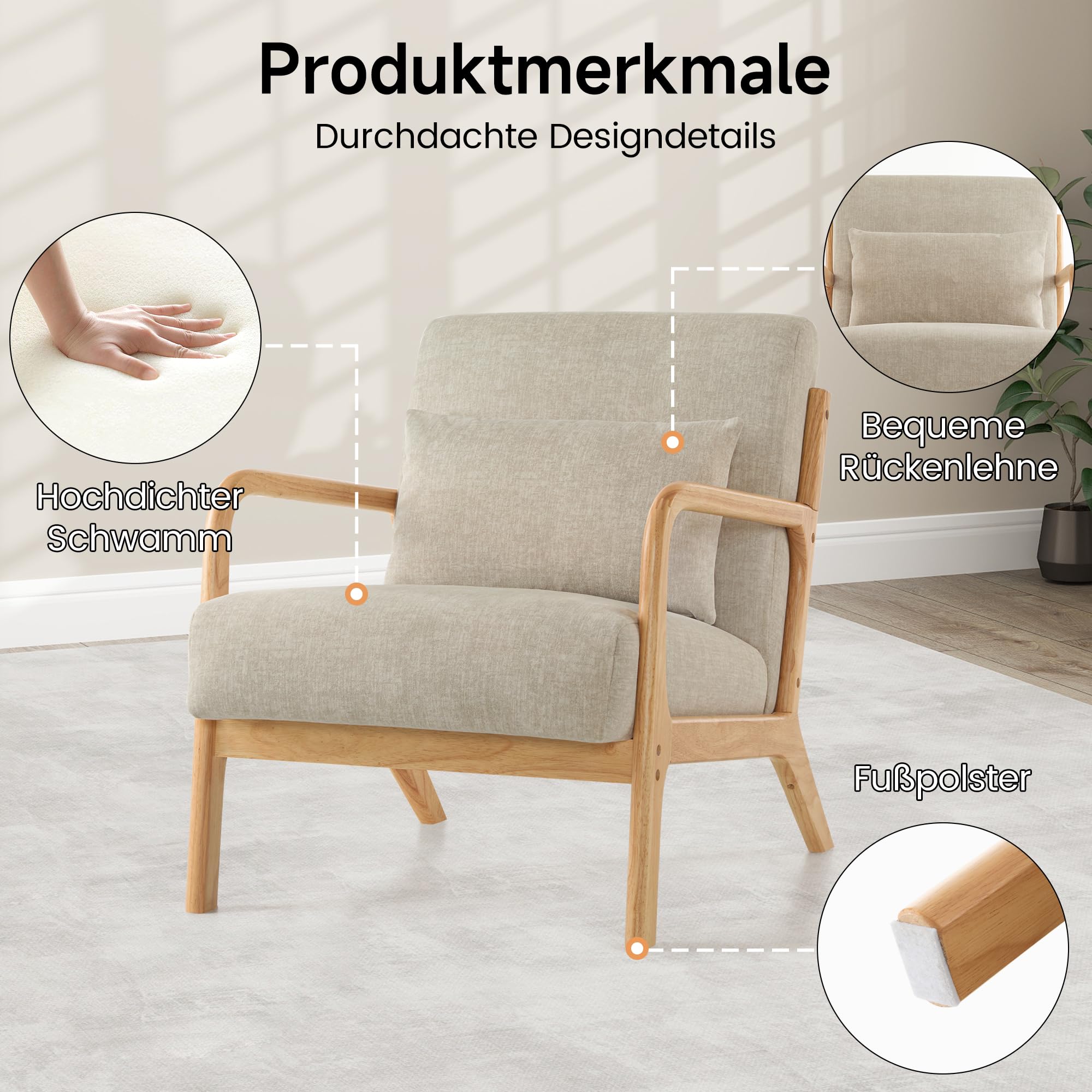 2er-Set Accent Sessel mit Kissen, Moderner Polstersessel für Wohnzimmer,Lounge-Stuhl mit Armlehnen&Holzrahmen, bequemer Lesesessel, Stoff Hellgrau