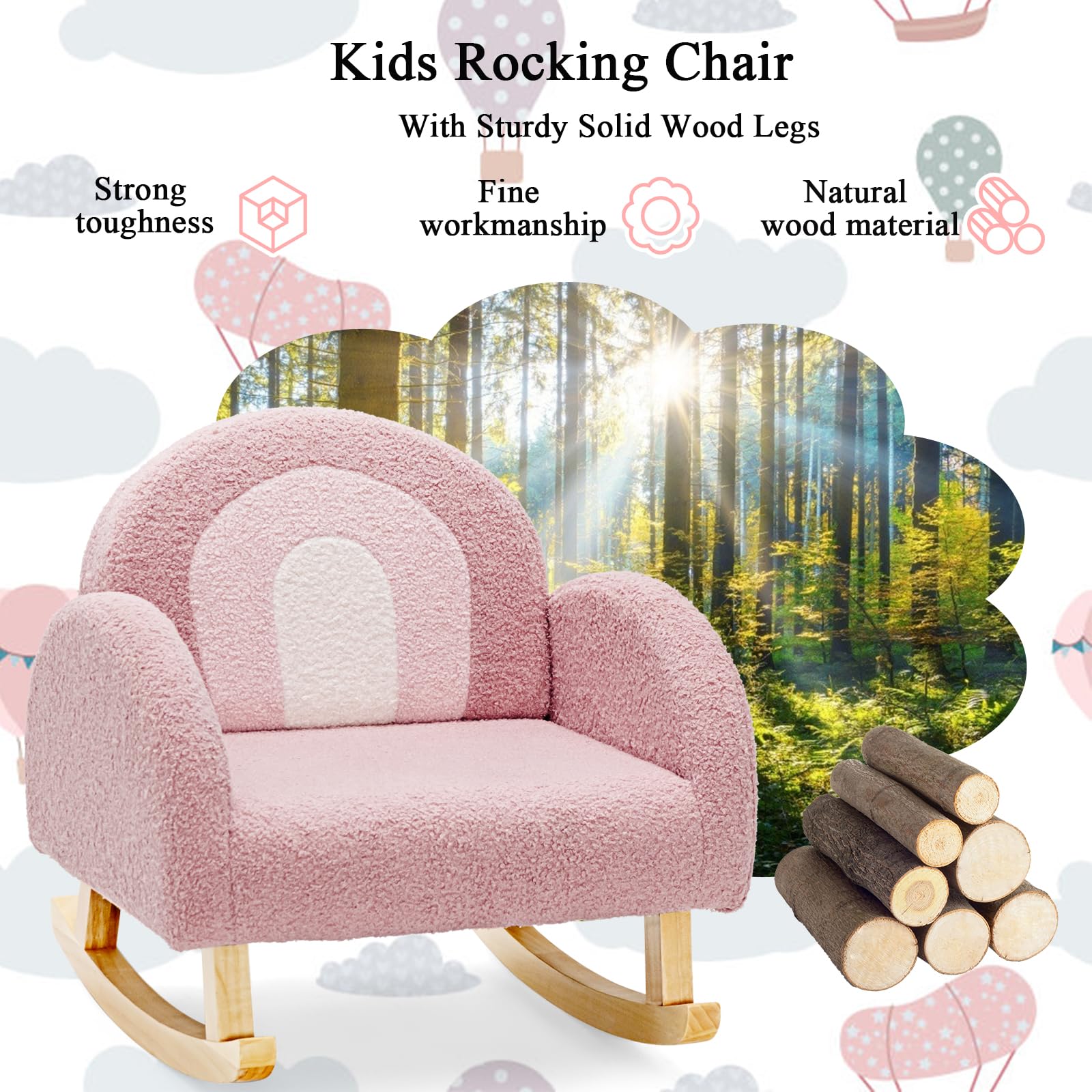 LIFEZEAL Sillamecedora Infantil, Sillón Balancín para Niños de 3-5 Años, con Reposabrazos, Respaldo Ergonómico, Pies de Madera Maciza, Relleno de Espuma para Habitación Infantil, MAX 50kg (Rosa)