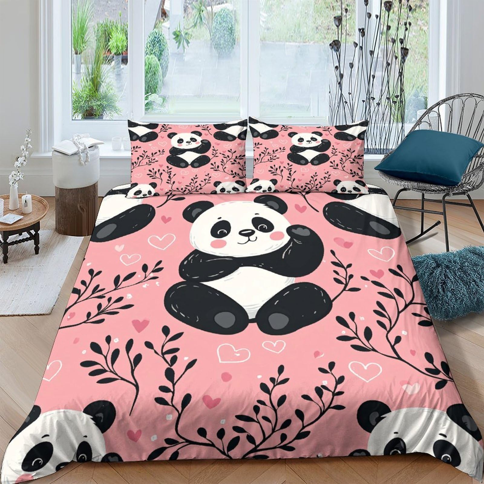 GPLZQXKJNH 3D Printed Pink Panda Duvet Cover Microfiber Soft Breathable Cartoon Bedding Set with 2 Pillowcases for Bedroom Decoration, Single（135x200cm）
