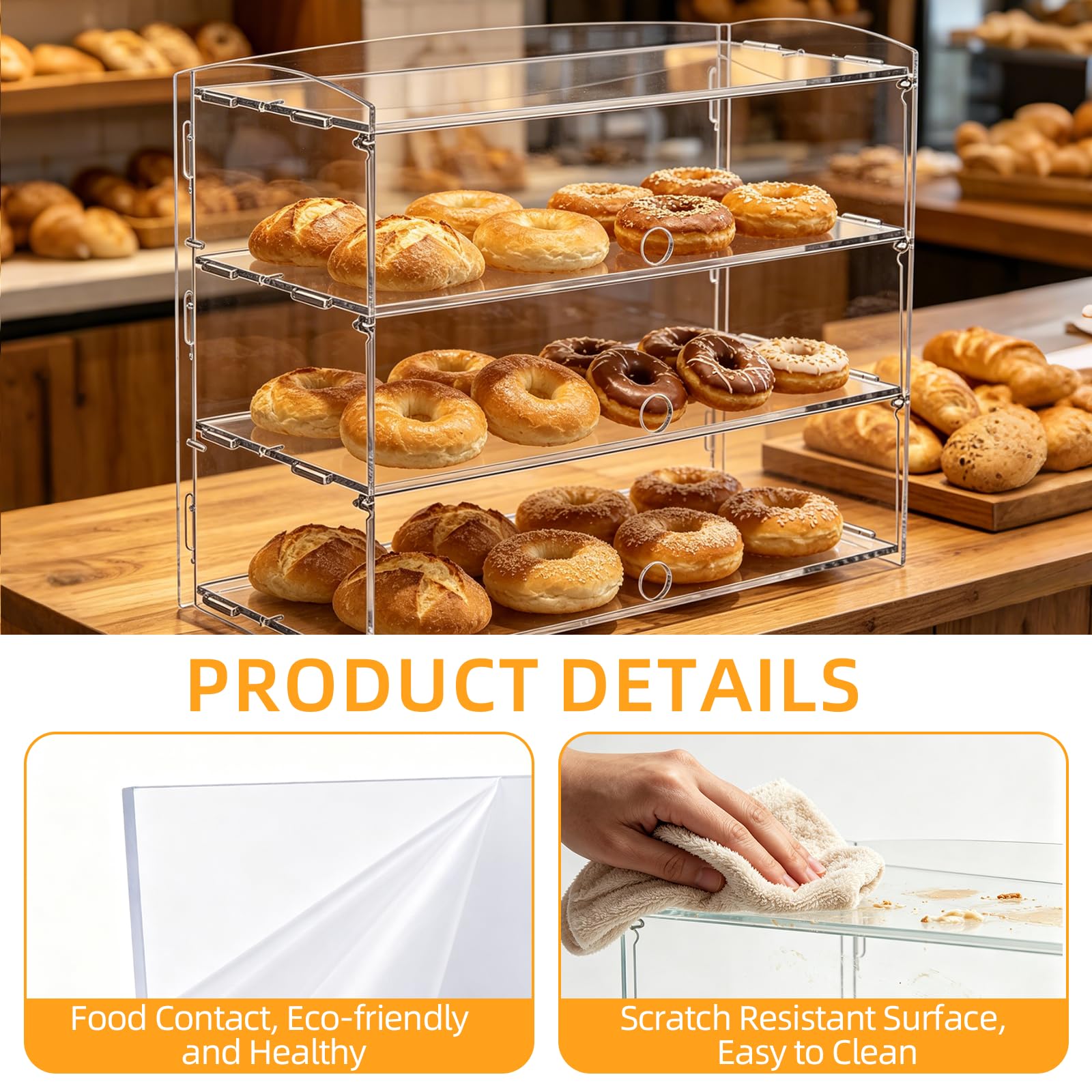 Expositor acrílico de 3 niveles, 48 x 23 x 44 cm, vitrina transparente para panadería, magdalenas y donas para pasteles, pan, postres, figuras, vitrina de alimentos de encimera