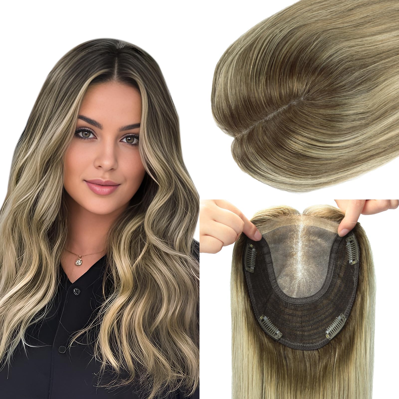 Hair Toppers for Women Real Human Hair, 6x7 inch Larger Silk Base 150 Density 55 grams 12inch Walnut Brown to Ash Brown and Golden Blonde Wiglet Top Pieces Add Volume（#3822 12inch）