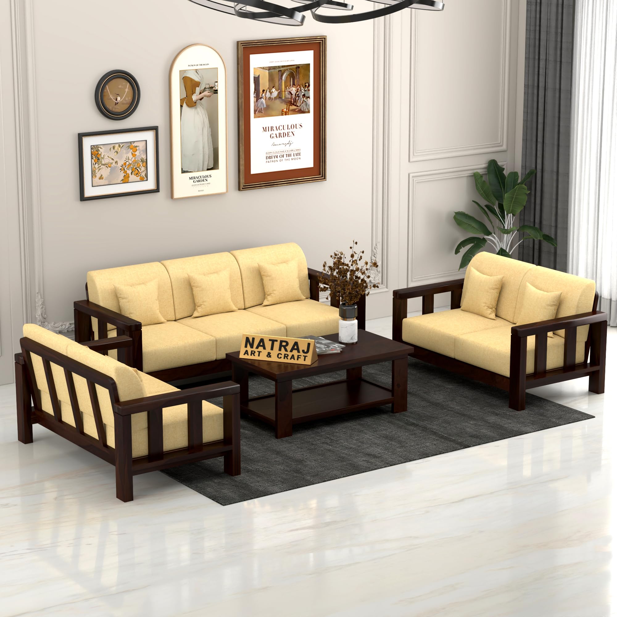 NATRAJ ART & CRAFT Sheesham Wood 7 Seater Sofa Set for Living Room Wooden Sofa Set for Living Room Furniture (3+2+2, Walnut Finish)