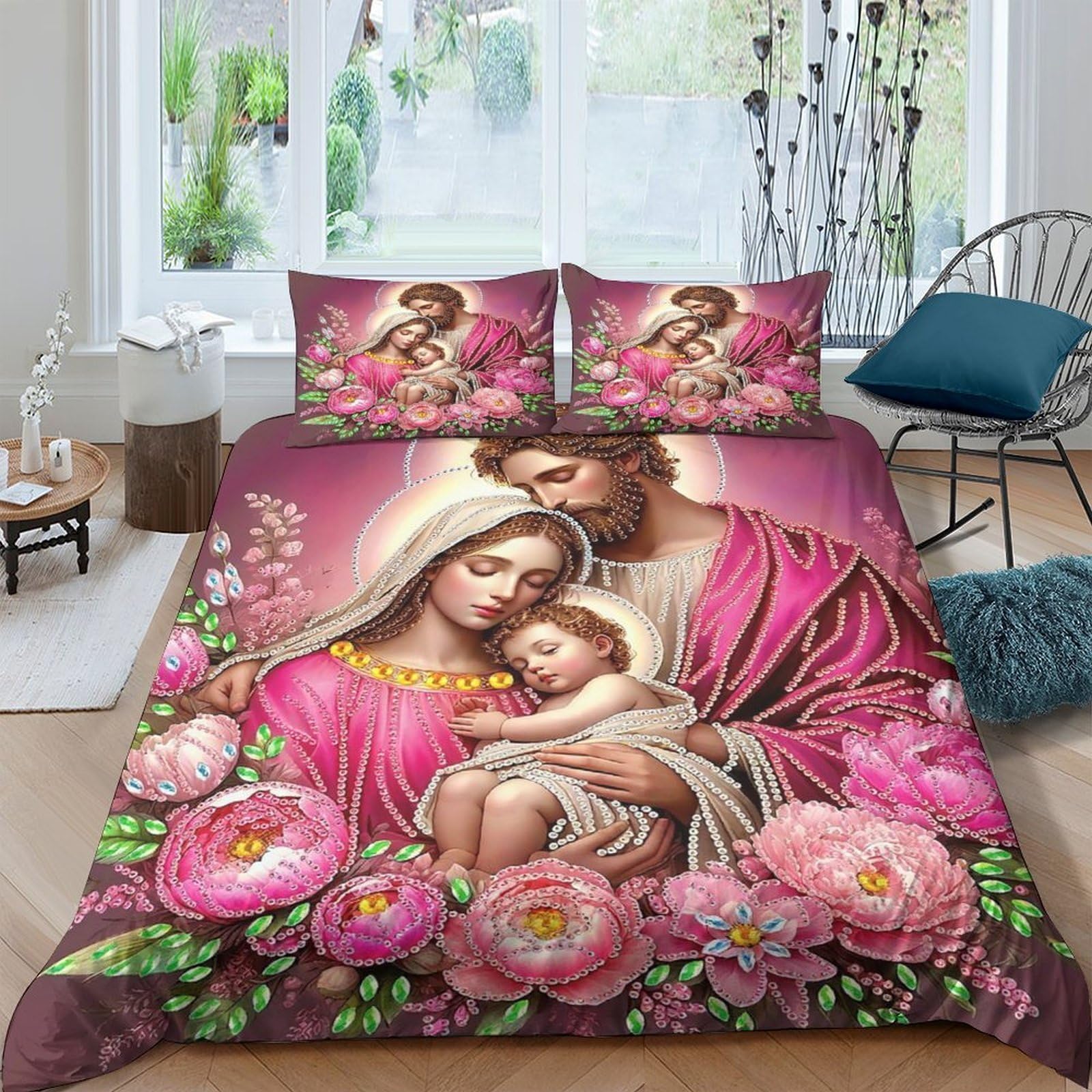 Housse de couette Jésus 200x200cm en microfibre avec 2 taies d'oreiller