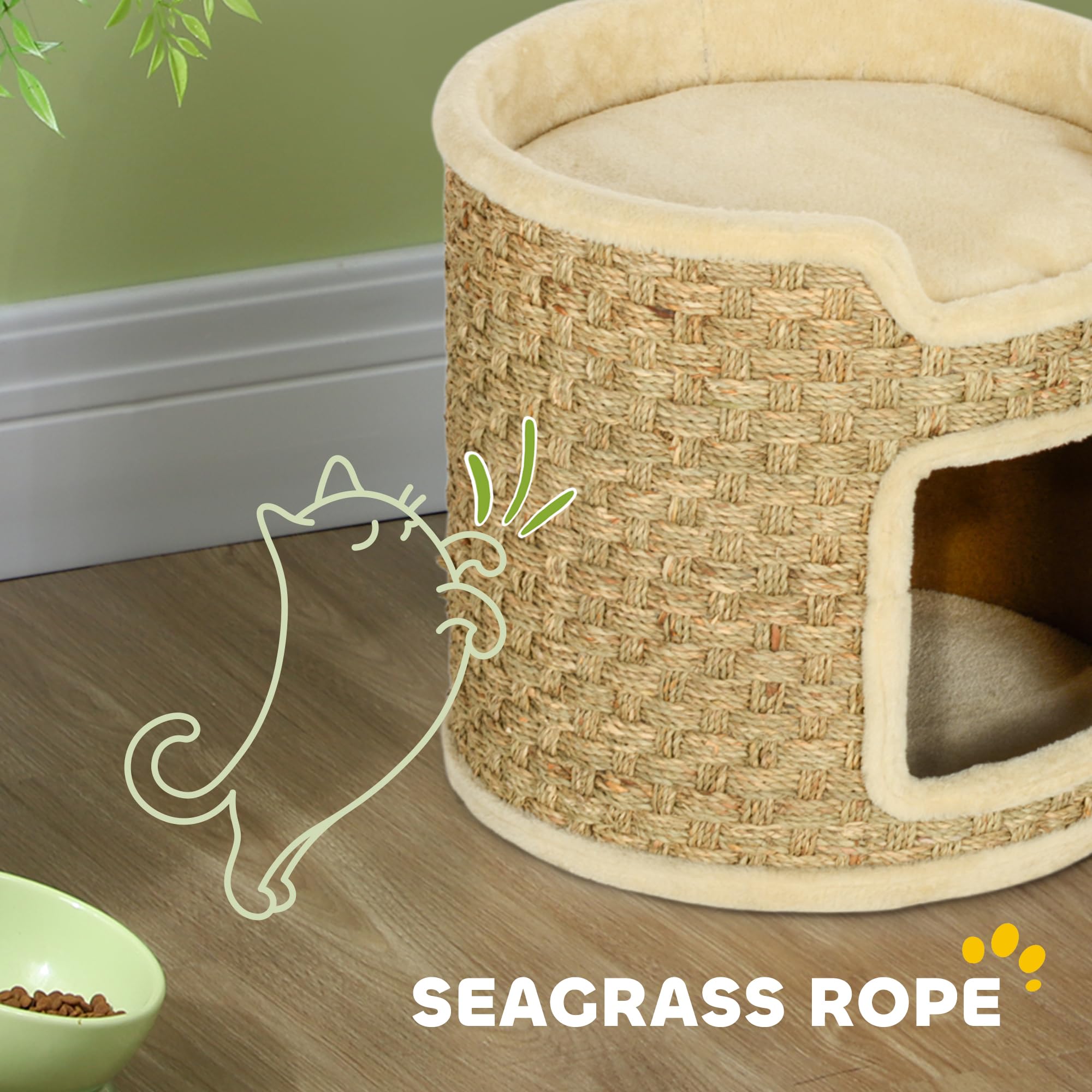 Fusto tiragraffi PawHut, fusto per gatti alto 37 cm, grotta per gatti con porta, casa per gatti, tiragraffi a 2 livelli, torre per gatti, letto per gatti in sisal, per gatti fino a 5 kg, kaki