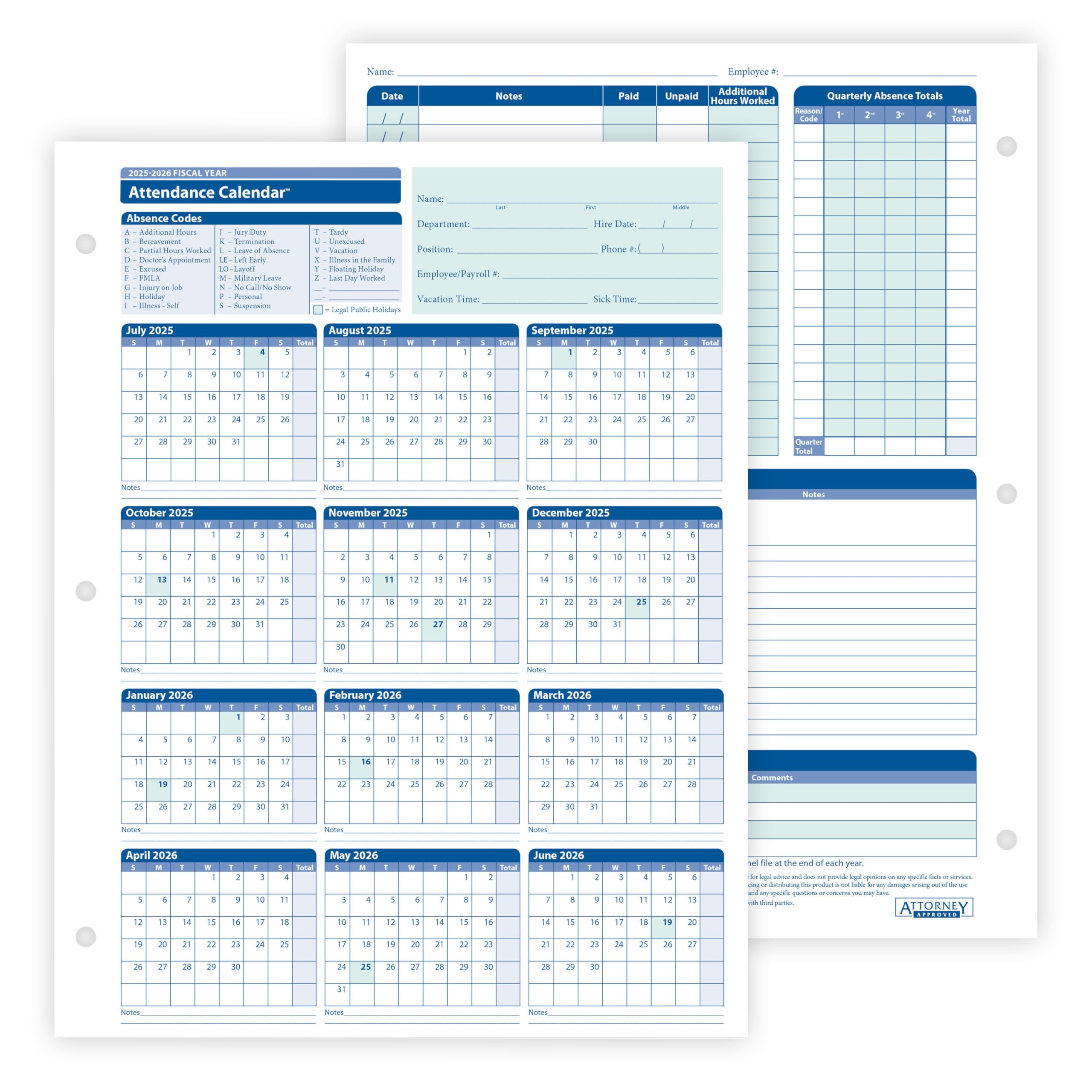 ComplyRight 2025-2026 Fiscal Attendance Calendar, Pack Of 50