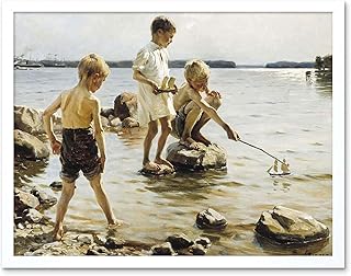 Wee Blue Coo Painting Edelfelt Boys Playing On The Shore Art Print Framed Poster Wall Decor 12x16 inch