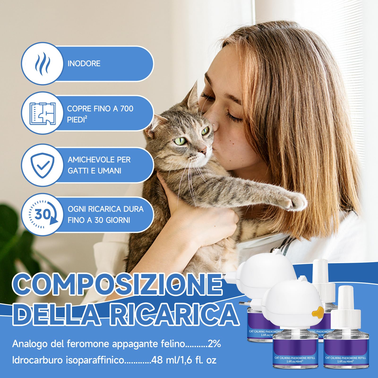 VICSOM Kit Diffusore Feromoni per Gatti 6 in 1, 120 Giorni Calmante per Gatti, Feromoni Gatto Diffusore per Un Rilassamento Duraturo, Sollievo da Ansia e Stress(2 Diffusore + 4x48ml Ricariche)