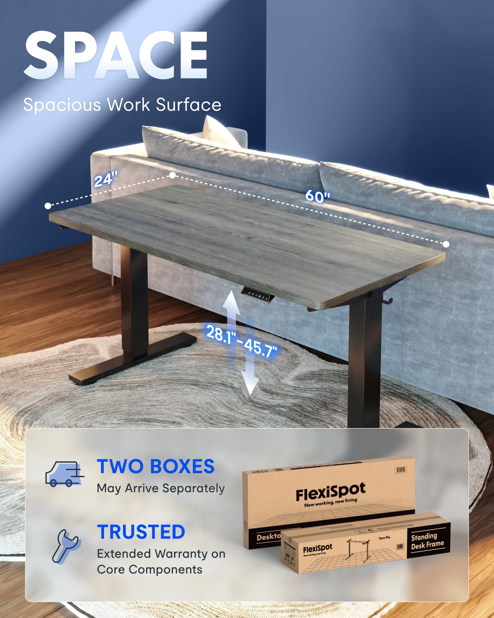 FLEXISPOT EN1 One-Piece Standing Desk, Electric Adjustable with 4 Memory Presets, 176 LBS Capacity, Stable & Quiet, Seamless Desktop for Home Office & Dual Monitors, 60"x24" Gray Wood view 5