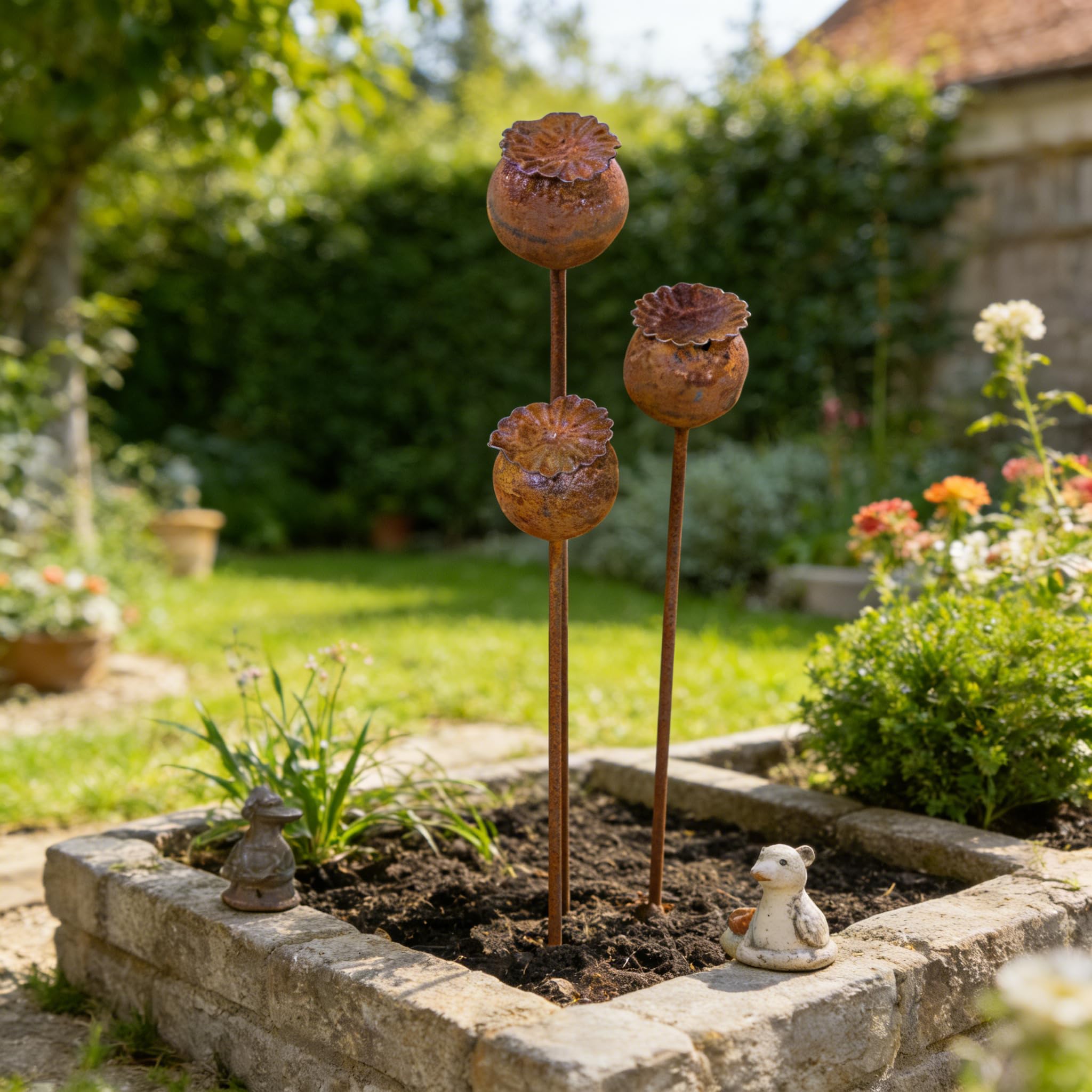 Gartenstecker Rost Deko Mohn Mohnkapsel Metall Rost Gartendeko Edelrost für Frühling, Garten, Wohnzimmer, Balkon (3er Set Mohnkapsel A)