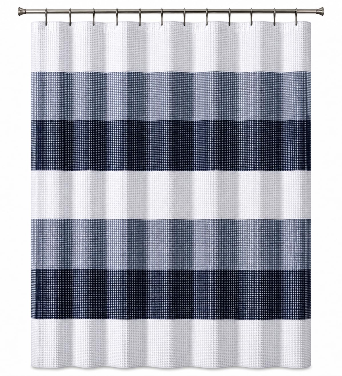 Waffle Weave Ombre Striped, Hotel Quality Waterproof & Machine Washable Heavy Duty White Shower Curtain Bathroom Curtain Shower Curtain Set for Bathrooms 70 X 72 Inch Long Shower Curtains in Navy Blue