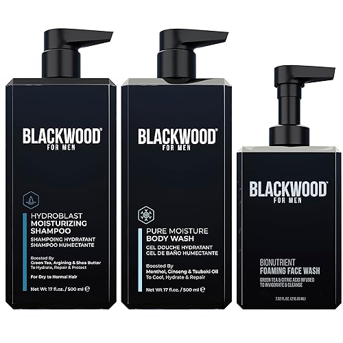 Blackwood For Men Hydroblast Champú hidratante (17oz), gel de baño Pure Moisture (17oz), y BioNutruent espuma facial (4.45 onzas) paquete para