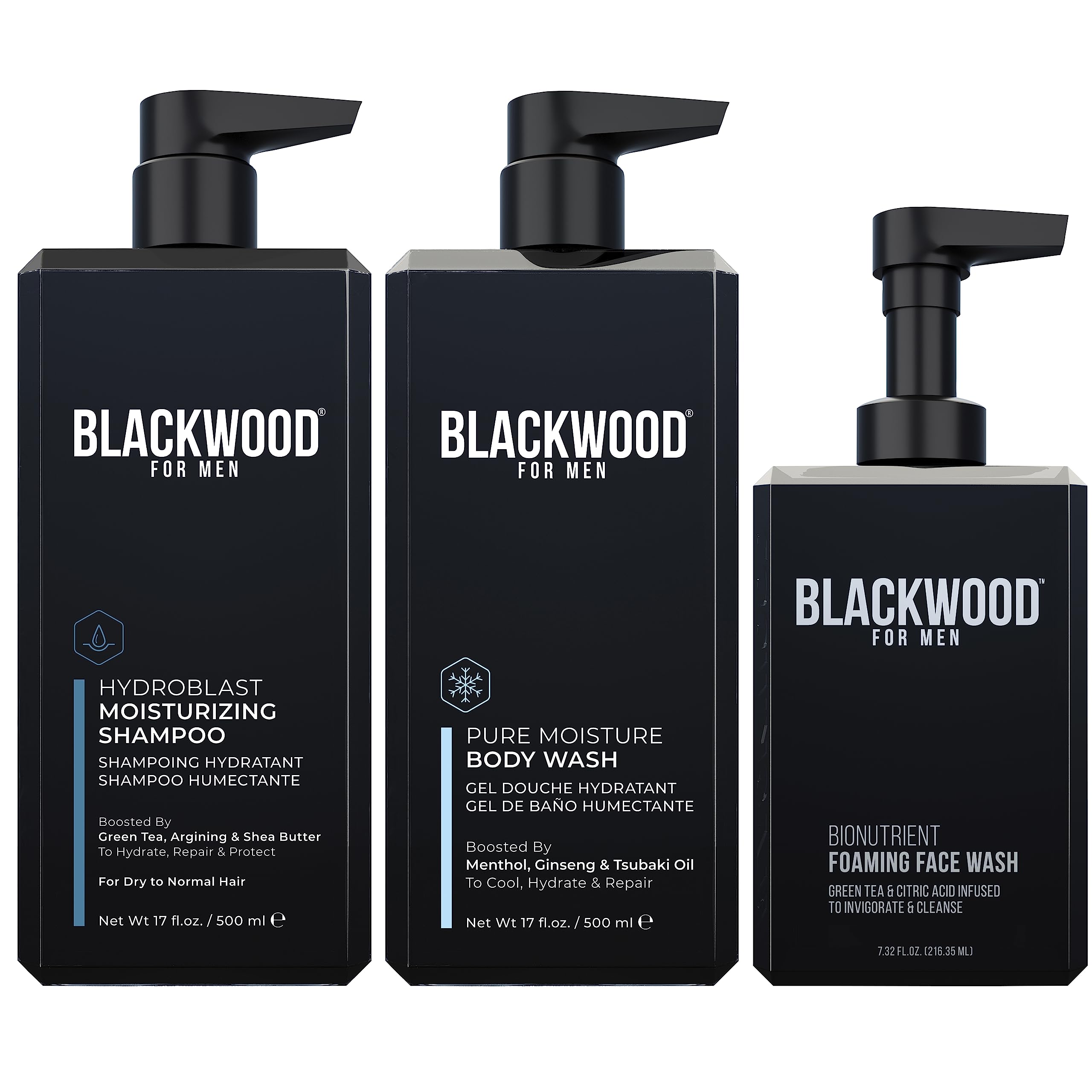 Blackwood For Men Hydroblast Moisturizing Shampoo 17oz Pure Moisture Body Wash 17oz and BioNutruent Foaming Face Wash 4
