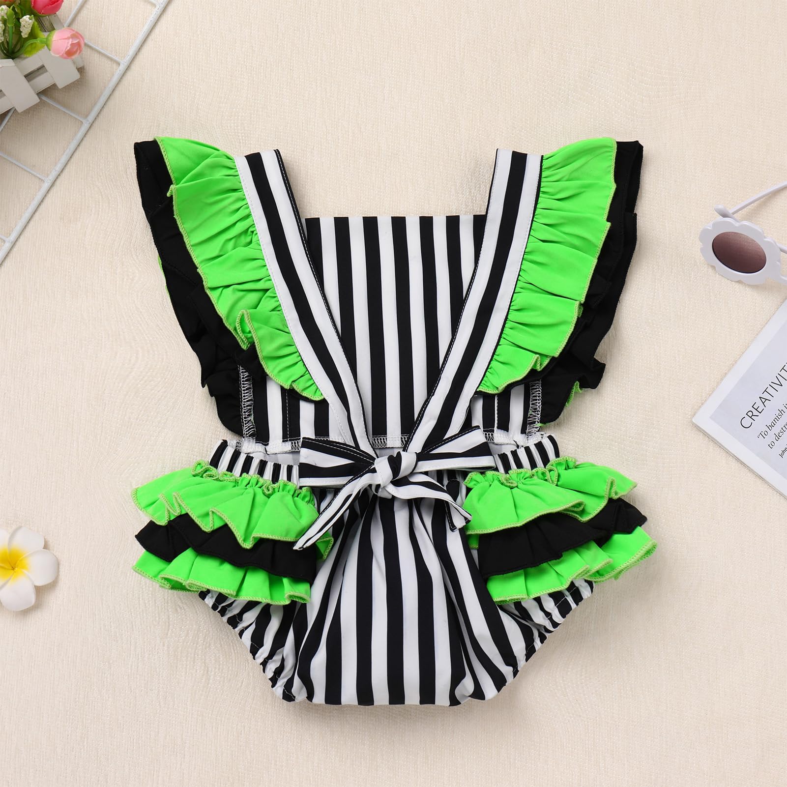 Baby Girls 1st Birthday Outfit Cow/Strawberry Print Romper Dress and Headband Cake Smash Clothes Black and white stripes 6-12 Months