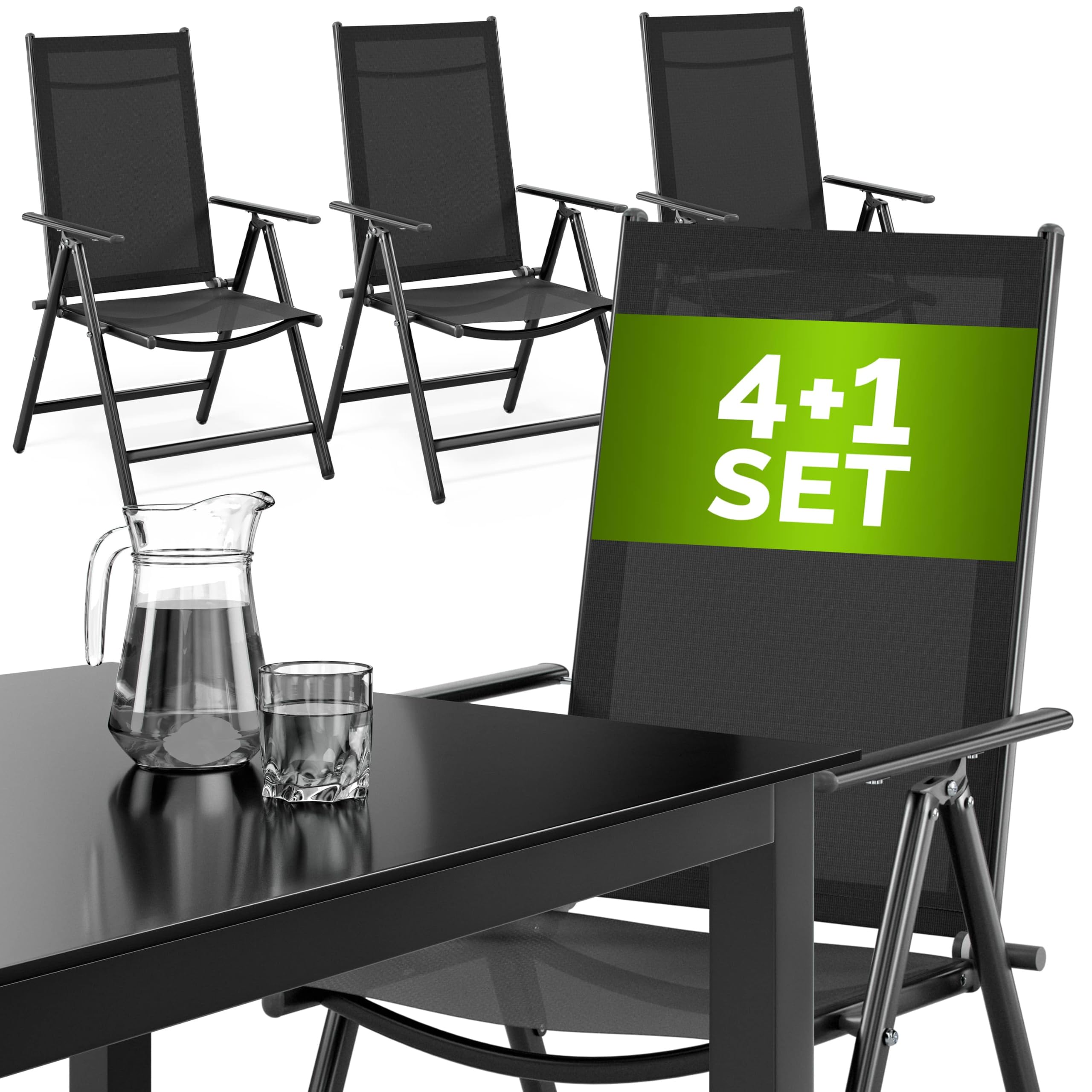 Casaria® Gartenmöbel Set 4 Stühle mit Tisch 90x90cm Aluminium Sicherheitsglas Wetterfest Klappbar Modern Terrasse Balkon Möbel Sitzgruppe Garnitur Bern