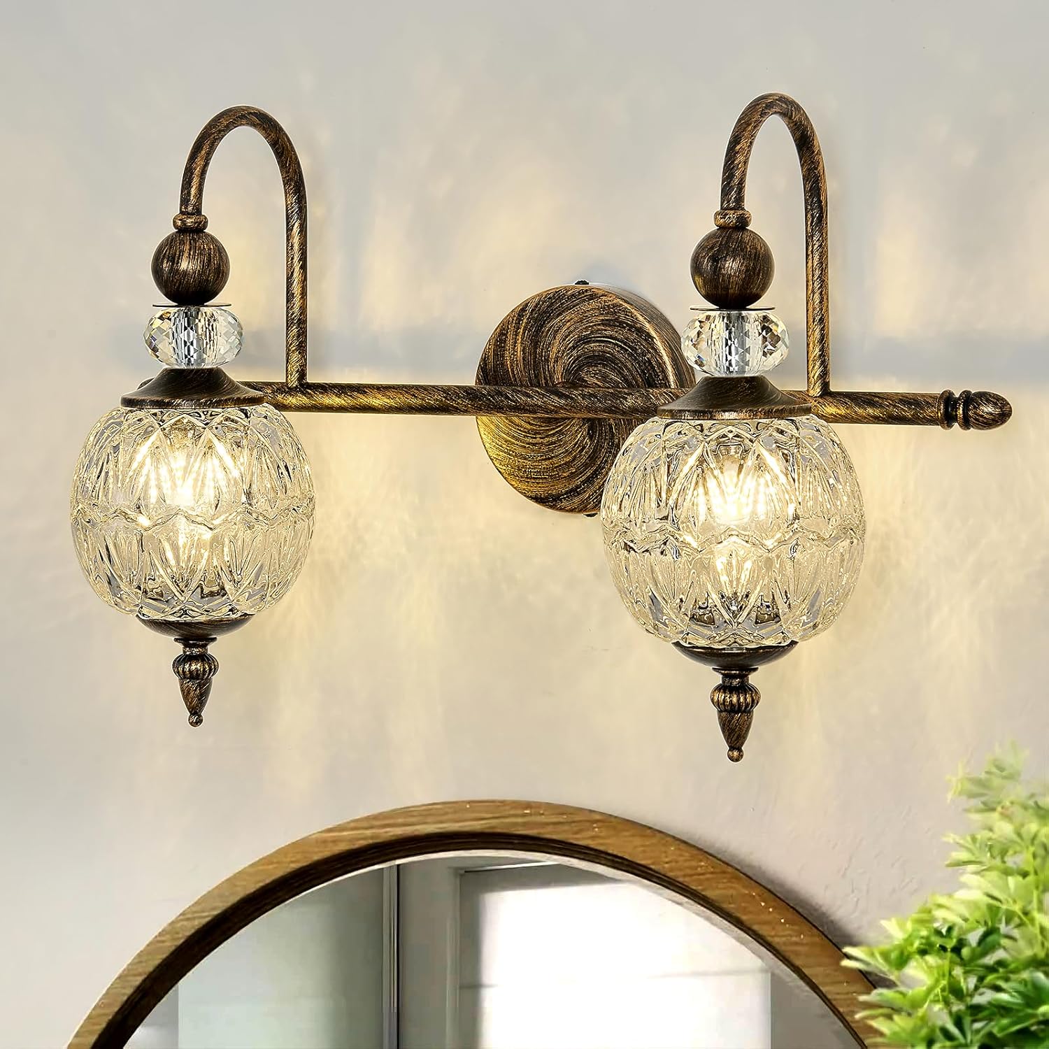 Vintage Bathroom Light Fixtures Bronze Vanity Light with Glass Globe LampShade 2 Lights Mid Century G9 Bulb Wall Sconce Indoor Vanity Light Over Mirror for Bedroom Farmhouse Hallway