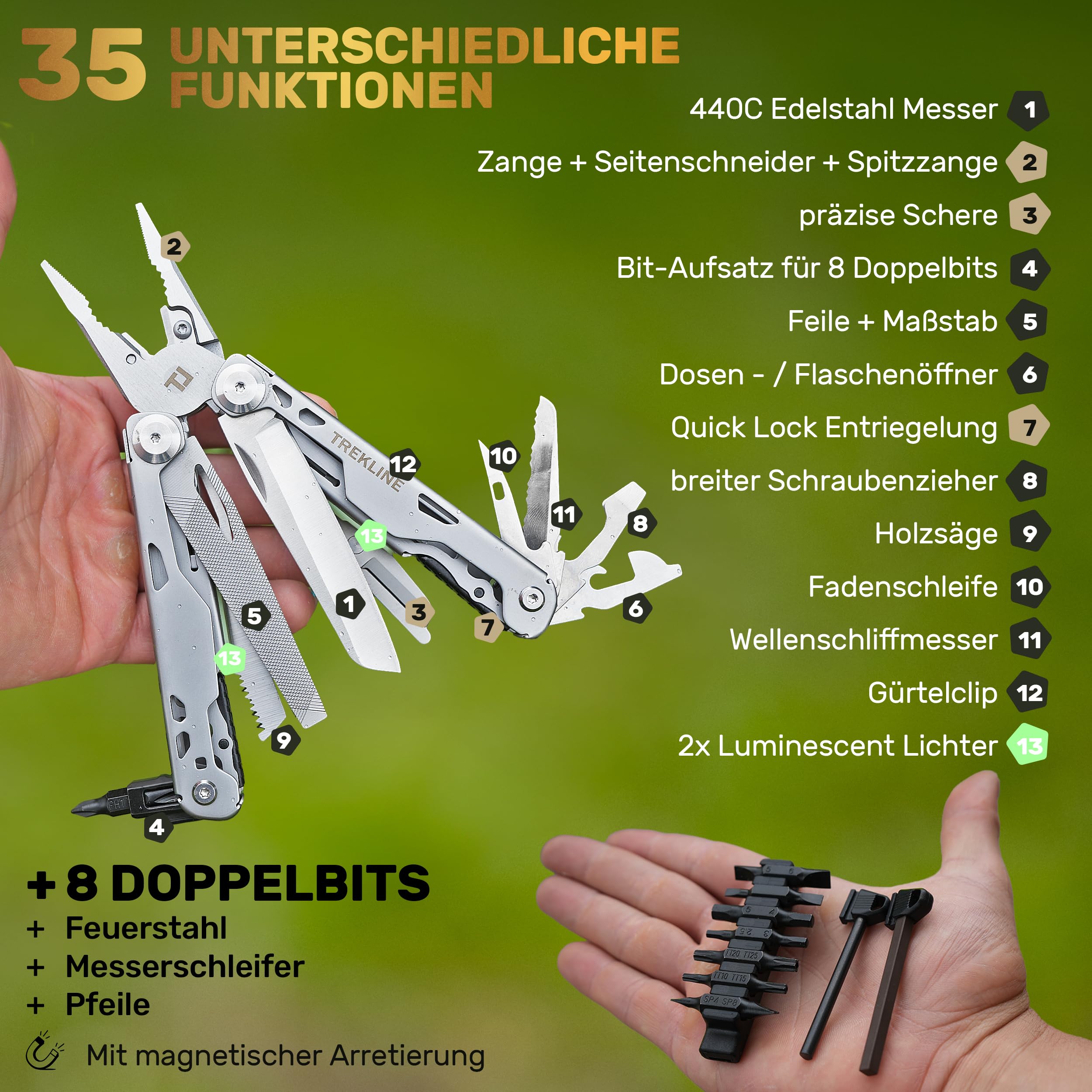 Multiherramienta [acero inoxidable 440C] Navaja Multiusos Outdoor Camping Supervivencia, Alicate Multifunción, Cuchillo Plegable, Herramienta Senderismo Pesca Caza Bushcraft (Wood Raptor)