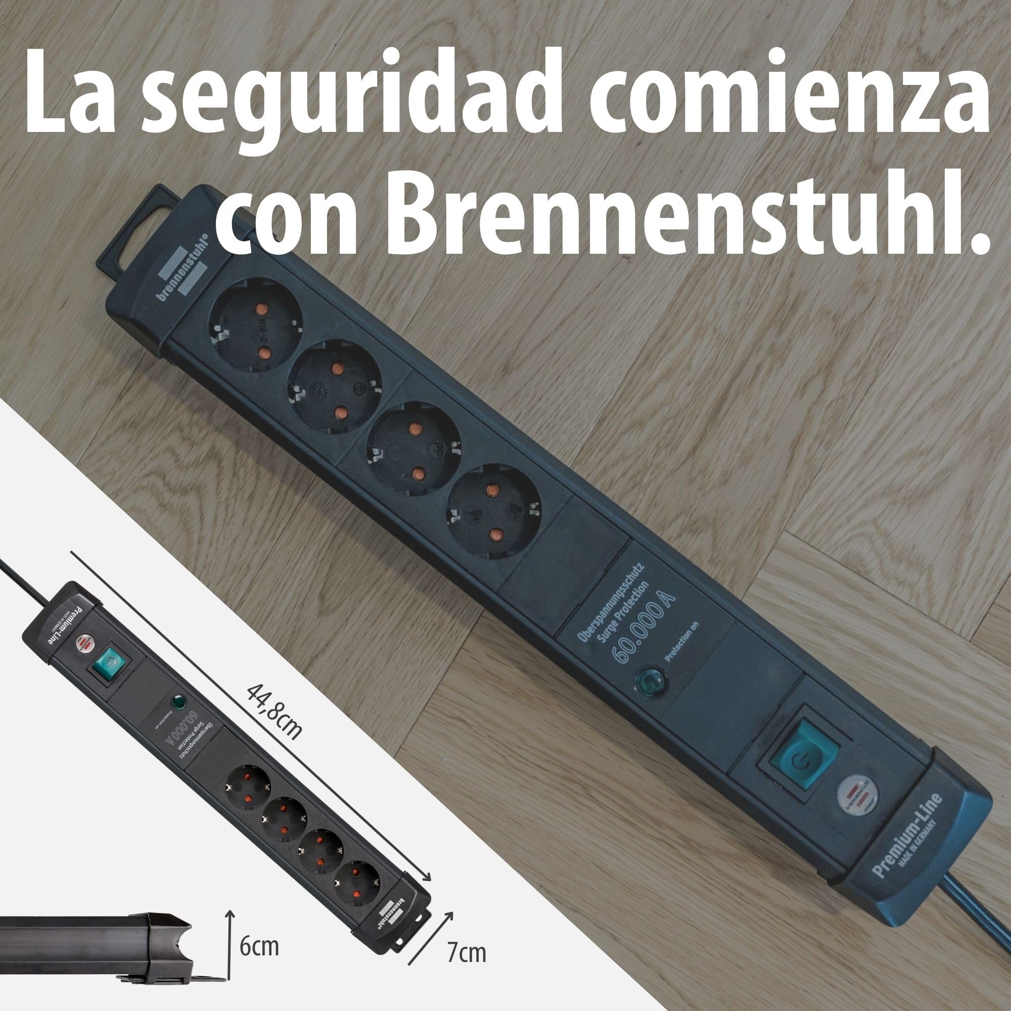 Brennenstuhl Premium-Line regleta enchufes de 4 Tomas con protección contra sobretensiones hasta 60.000A (Cable de 1,8m, Interruptor, montable, Fabricado en Alemania) Negro
