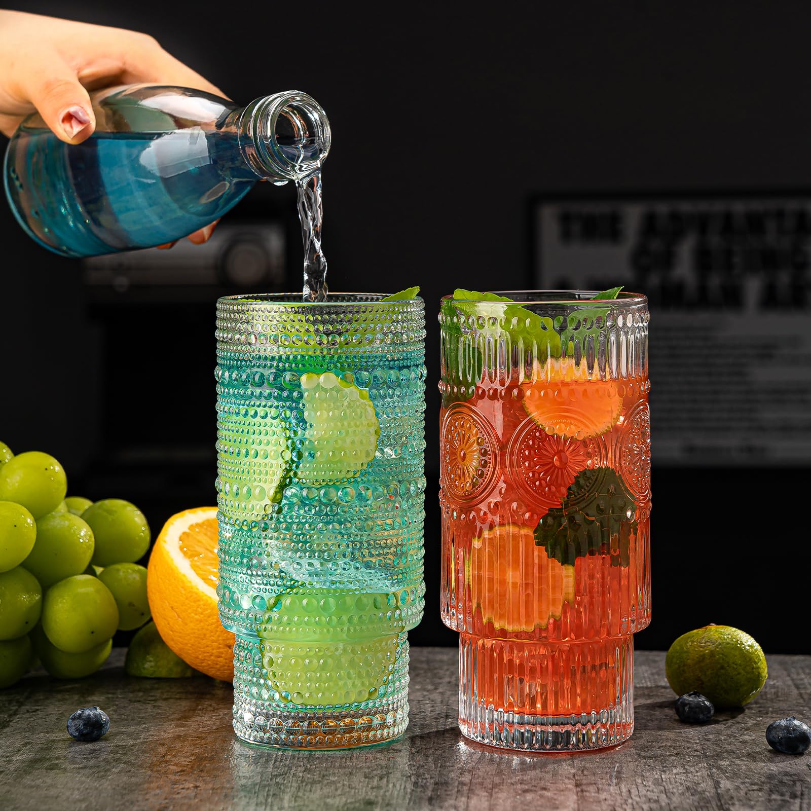 Trinkgläser, Origami-Stil, Glasbecher mit Strohhalm, 473 ml, 12 Stück Highball-Gläser, stapelbare Vintage-Glaswaren, gerippte Gläser, Eiskaffeegläser ideal für Cocktail, Whiskey, Saft