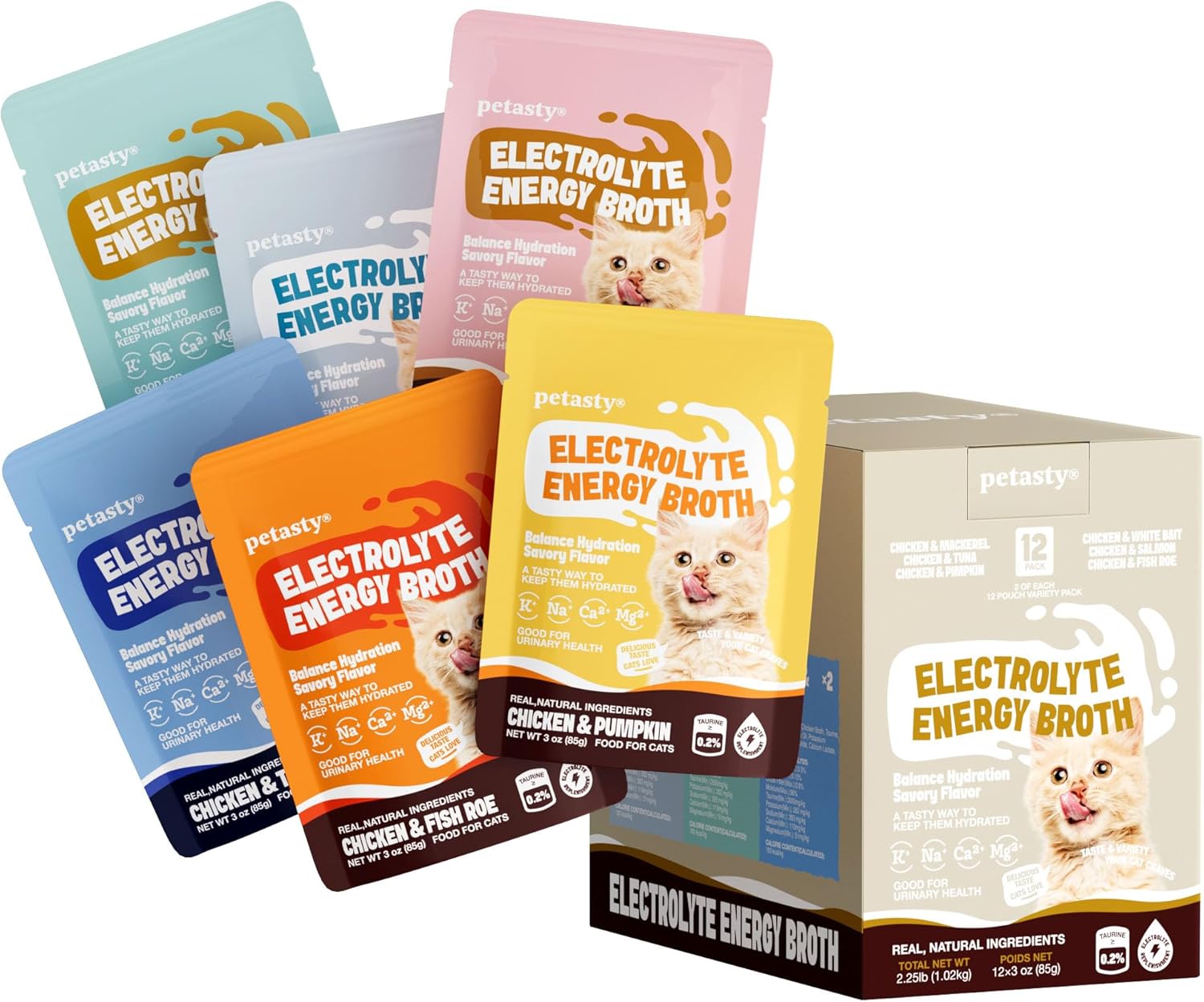 Lickable Wet Cat Food Broth, Complementary Cat Food Topper for Mixing Dry or Wet Food, High Protein with Electrolytes & Amino Acids for Cats & Kittens, Grain-Free, 6 Flavor, 12 × 3 oz Pouches (36oz)