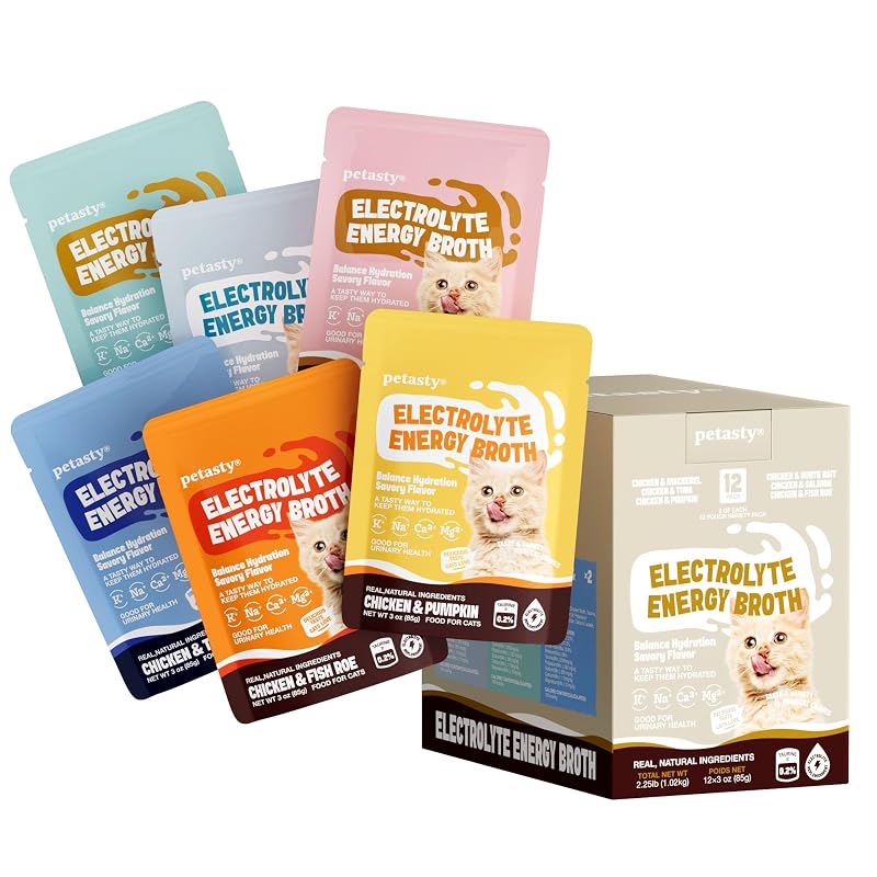 Ração úmida complementar para gatos em caldo com taurina e eletrólitos PETASTY, sabores variados, pacote com 12 sachês de 85 g