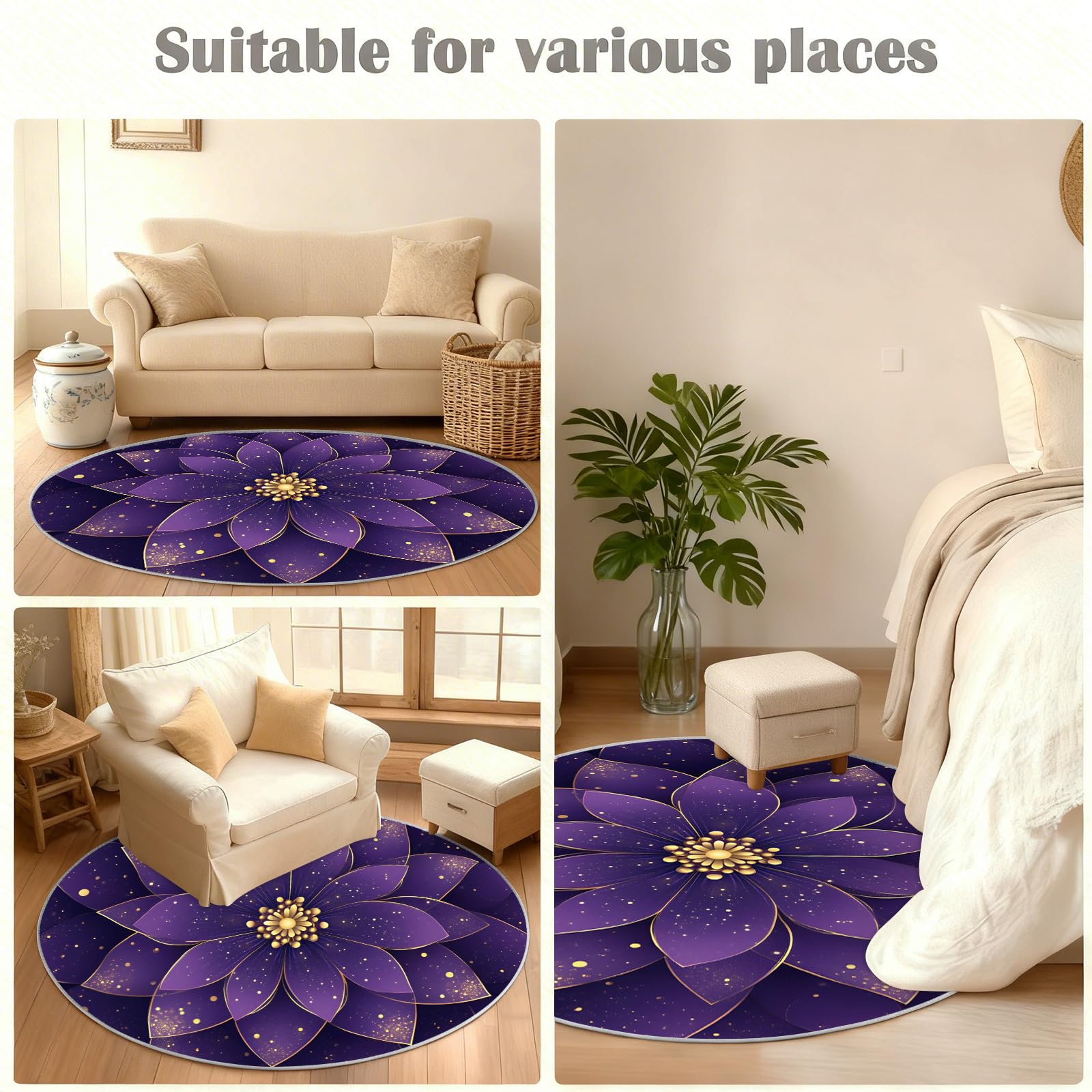 Tapis rond à fleurs violettes pour salon, bordure dorée pour chambre à coucher, tapis circulaire de luxe mandala 3D lavable, antidérapant, tapis décoratif