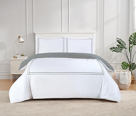 Majestic Giftware Madison Linen 8-Piece 48" Full Size Duvet Bedding Set (BL50-48F-2) | Flora Hotel Collection-White-Gray Embroidery 400 TC Cotton Sateen |2 Fitted Sheets, 2 Duvets, 4 Pillowcases