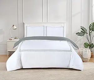 Majestic Giftware Madison Linen 8-Piece Twin Size Bedding Set (BL50-T-2) | Flora Hotel Collection-White-Gray 400 Thread Count Cotton Sateen | 2 Fitted Sheets, 2 Duvets, 4 Pillowcases