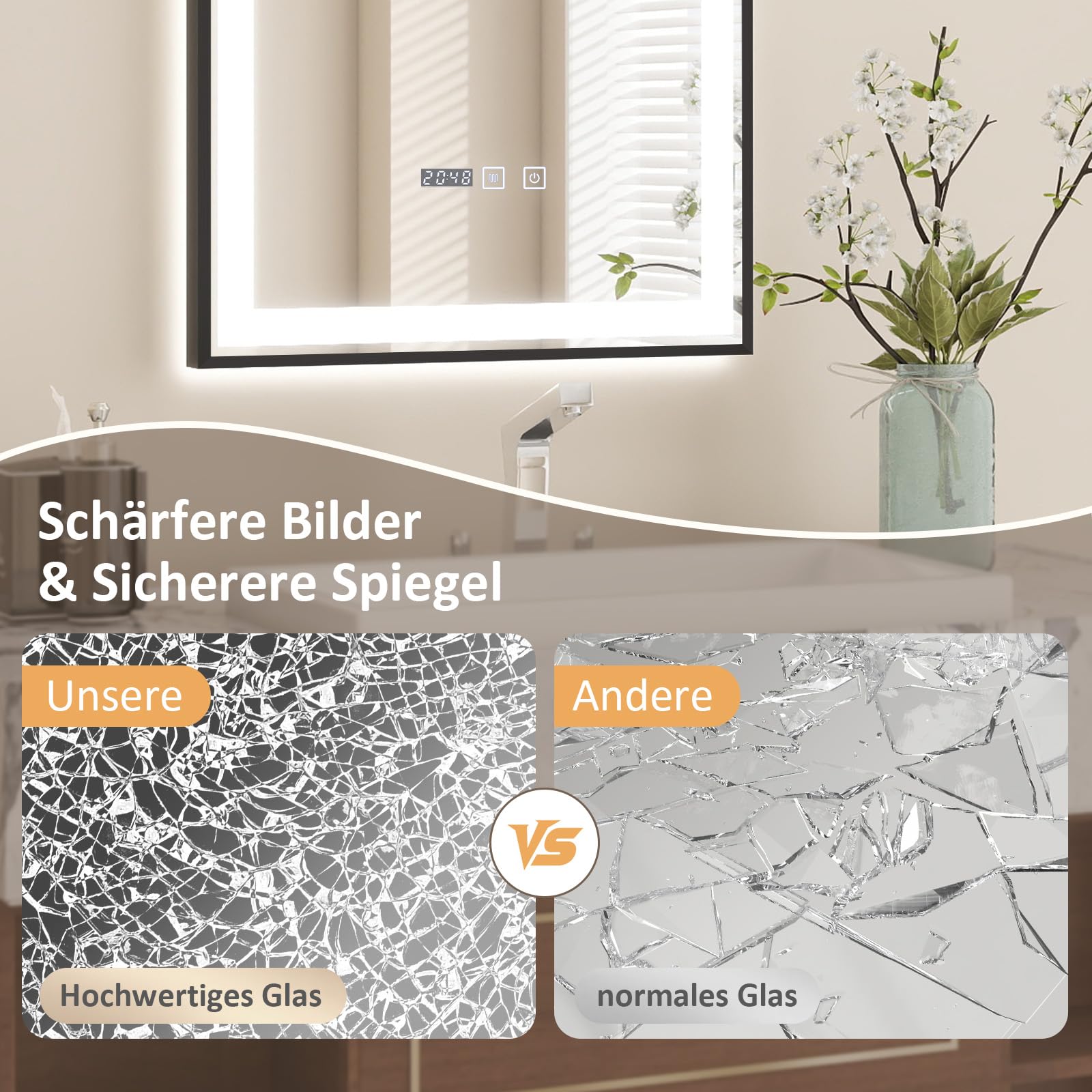 YOURLITE Badspiegel mit Beleuchtung 50x70,Badezimmerspiegel Led Badspiegel,UhrTouch-Schalter,Spiegel Bad mit Beleuchtung,3Lichtfarben Dimmbar,Antibeschlag,Wandspiegel,Speicherfunktion,Vertikal,Schwarz