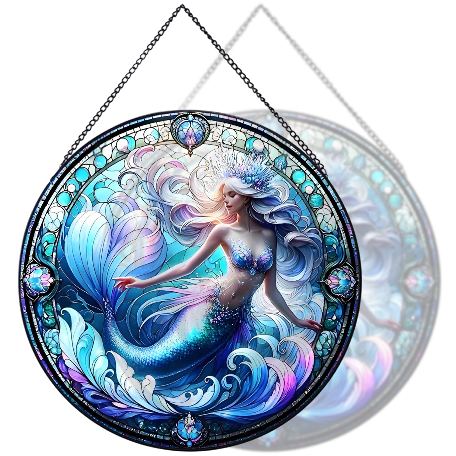 RIVEENY Mermaid Pattern Suncatcher Stained Glass, Hanging Stained Glass for Windows for Mermaid Lovers, 20cm/7.87inch Glass Mermaid Wall Decor,
