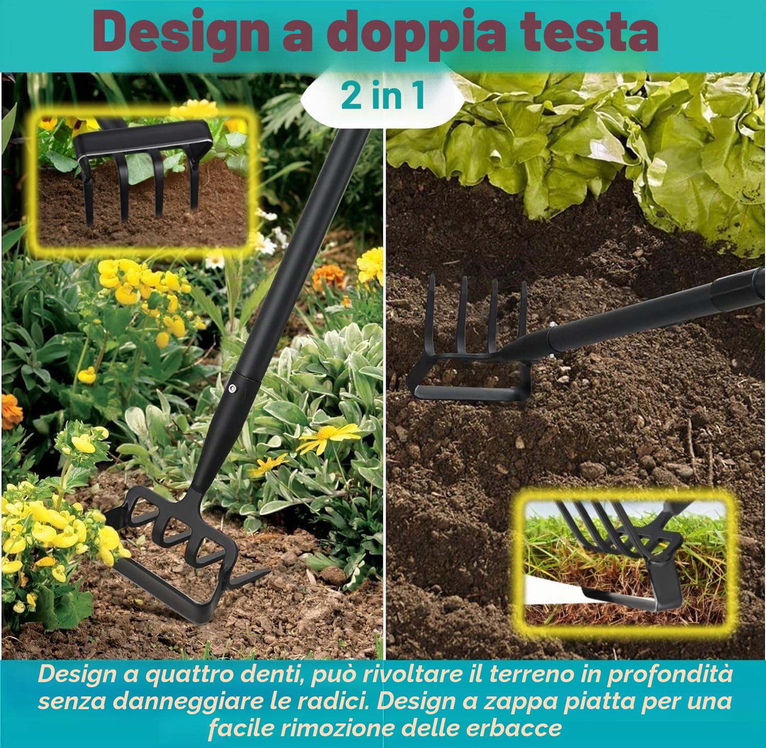 Zappa da giardino, 124 cm, 2 in 1, attrezzi da giardino con punta a 4 denti, con manico lungo regolabile per erbacce, terreno allentato