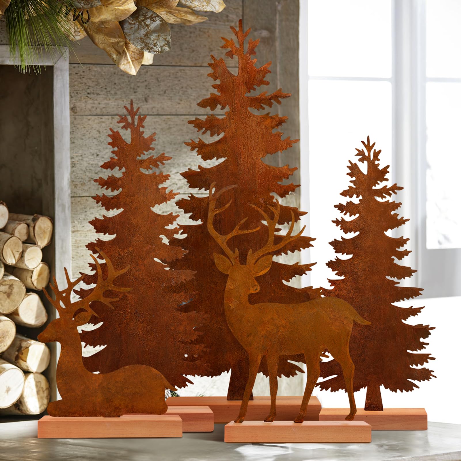 Lot 6 Décorations Noël Métal Rouillé - 4 Cerfs & 2 Sapins - Extérieur Résistant - 5