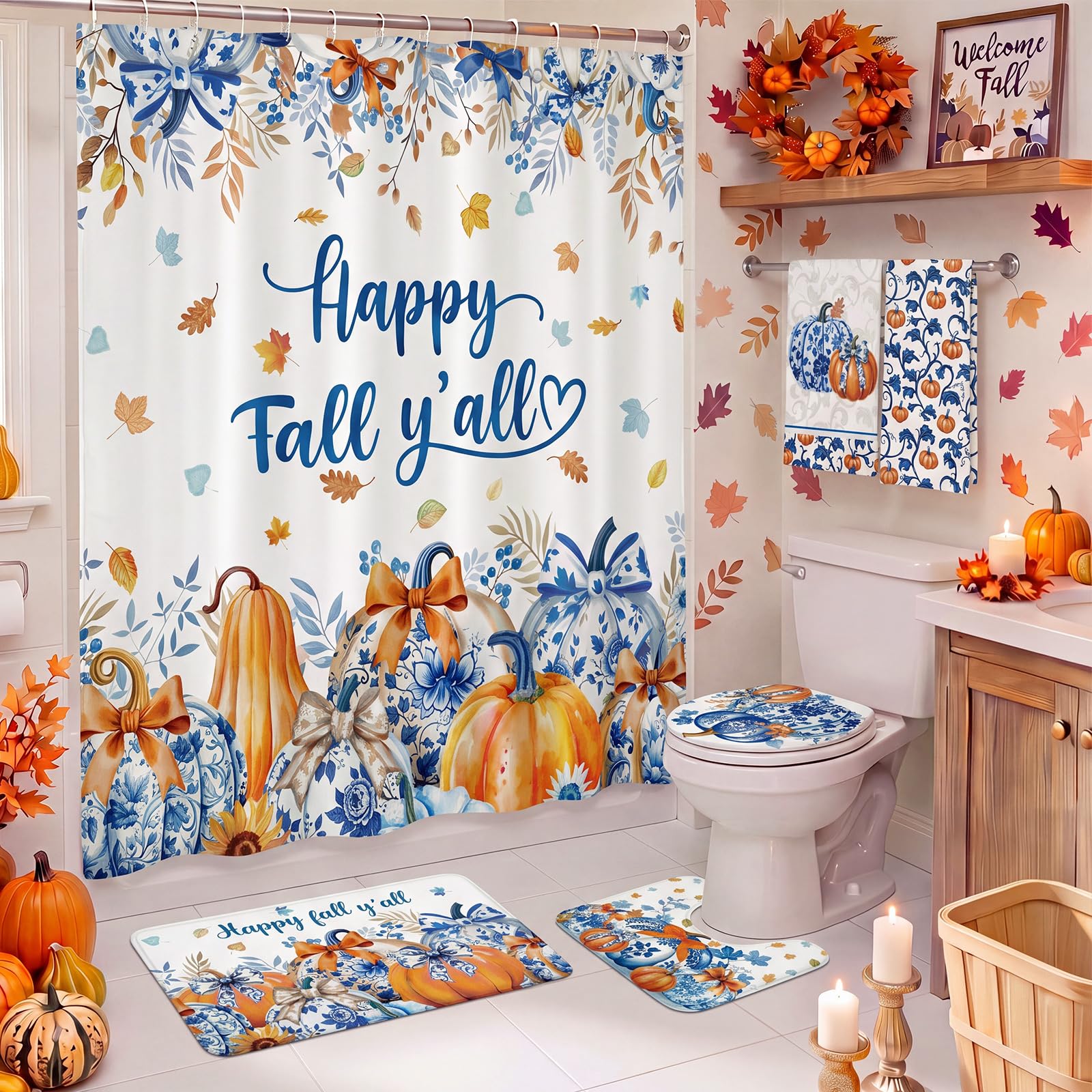 HunnmingRe 6 Pcs Fall Bathroom Decor Chinoiserie Pumpkin Shower Curtain Set