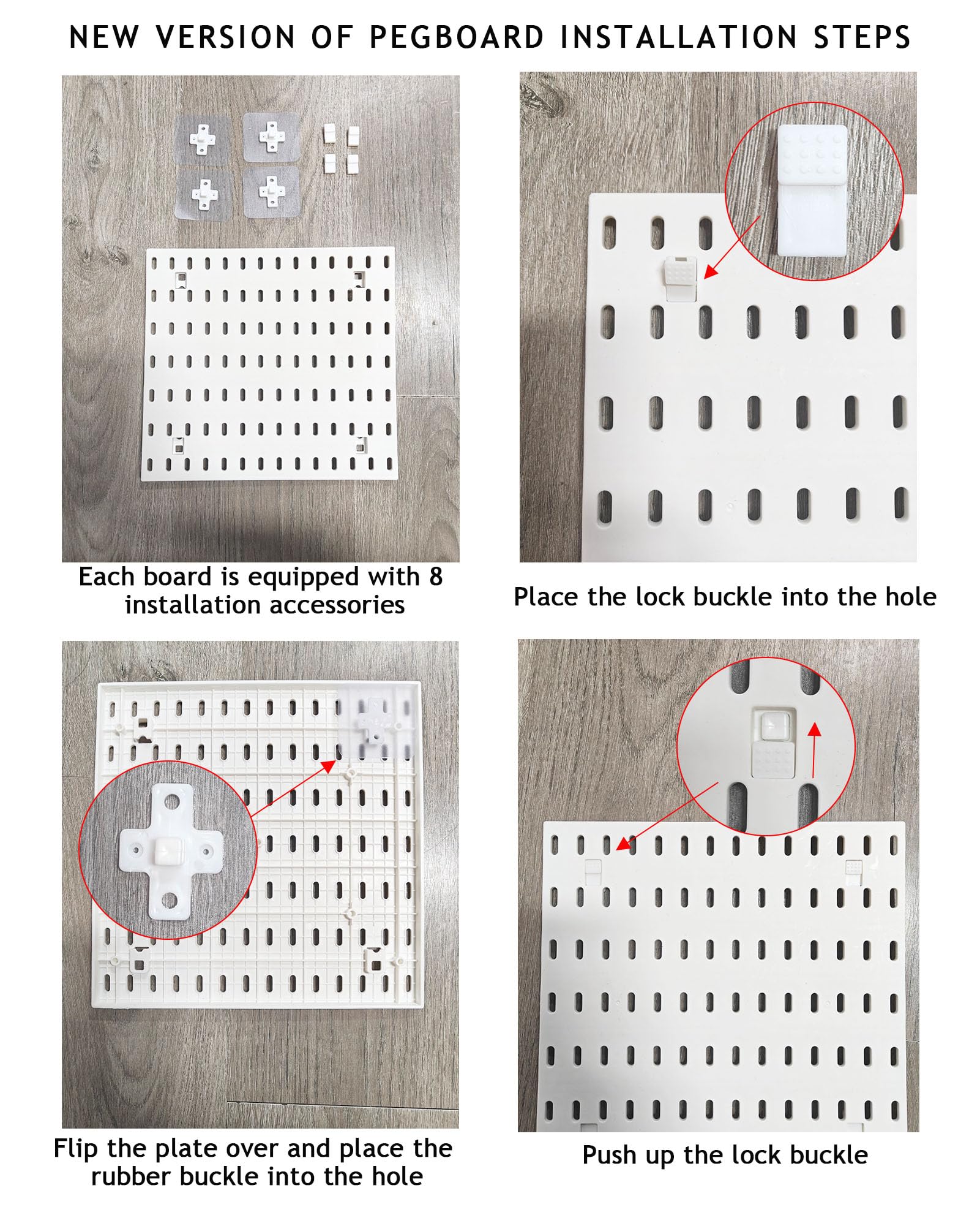 Stecktafel-Zubehör-Kombinations-Wand-Organizer-Set, Stecktafel-Regal für Schlafzimmer, Arbeitszimmer, Büro, Badezimmer, Stecktafel-Mülleimer mit 4 Stecktafeln und 12 Zubehörteilen, 55.9x55.9 cm, weiß