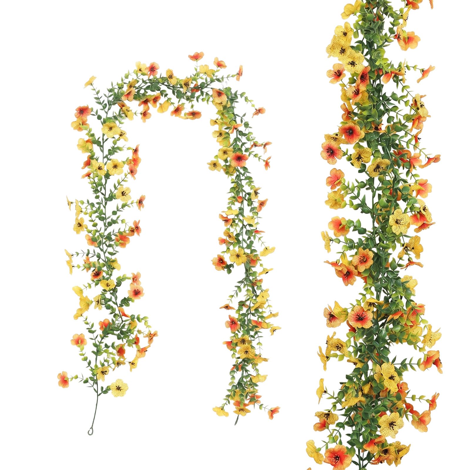HUANYO Artificial Flower Garland 2PCS 5.9FT Double Color Fake Flower Vines Silk Flowers Hanging Artificial Flowers Decoration for Wedding Arch Party Home Garden Wall Decoration (sunset yellow)