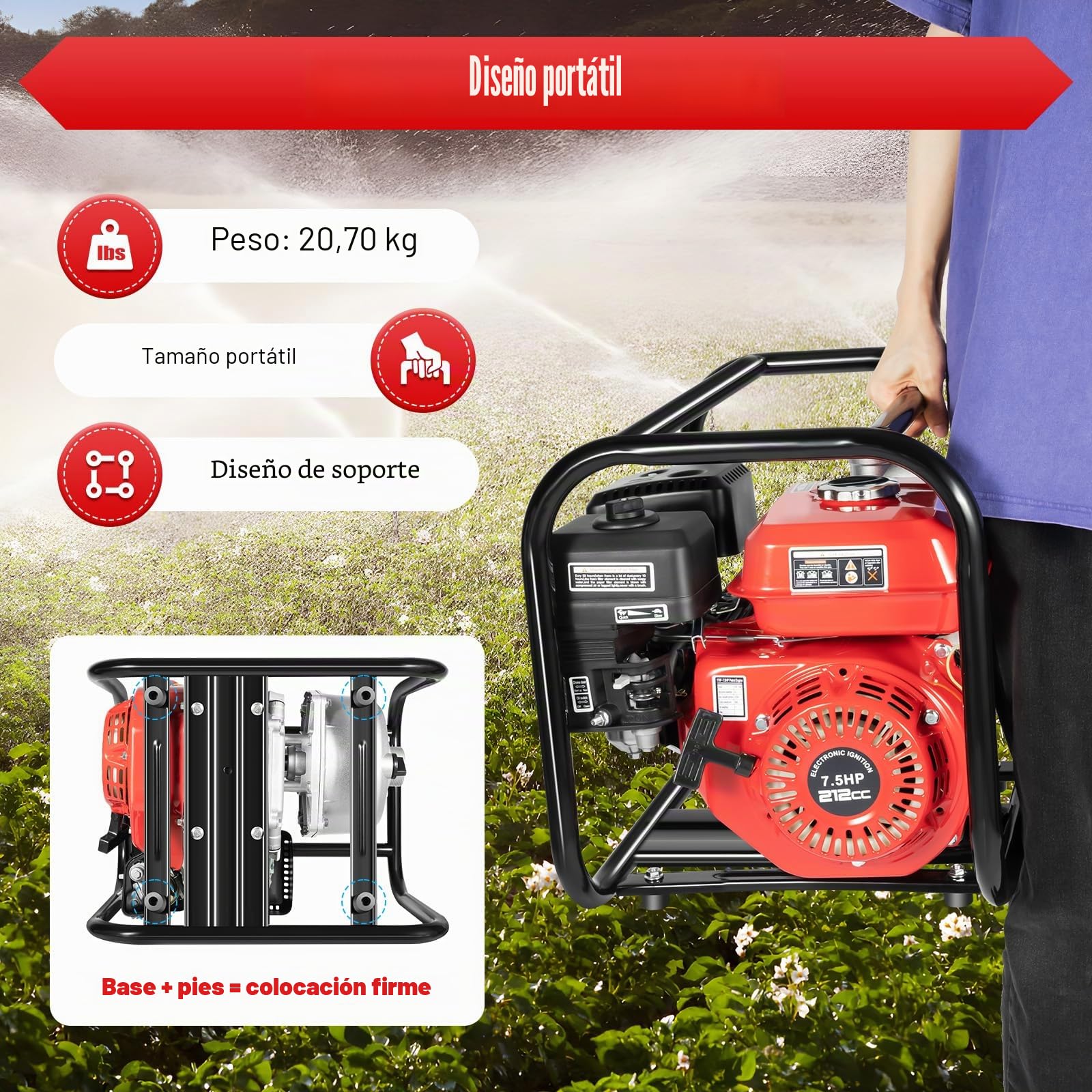 Bomba de agua de gasolina, 4 kW, 25000 l/h, 30 m, conexión de 2 pulgadas, bomba de jardín de 7,5 CV, bomba de agua sucia con motor de 4 tiempos y altura de succión, arranque por cable, bomba de agua