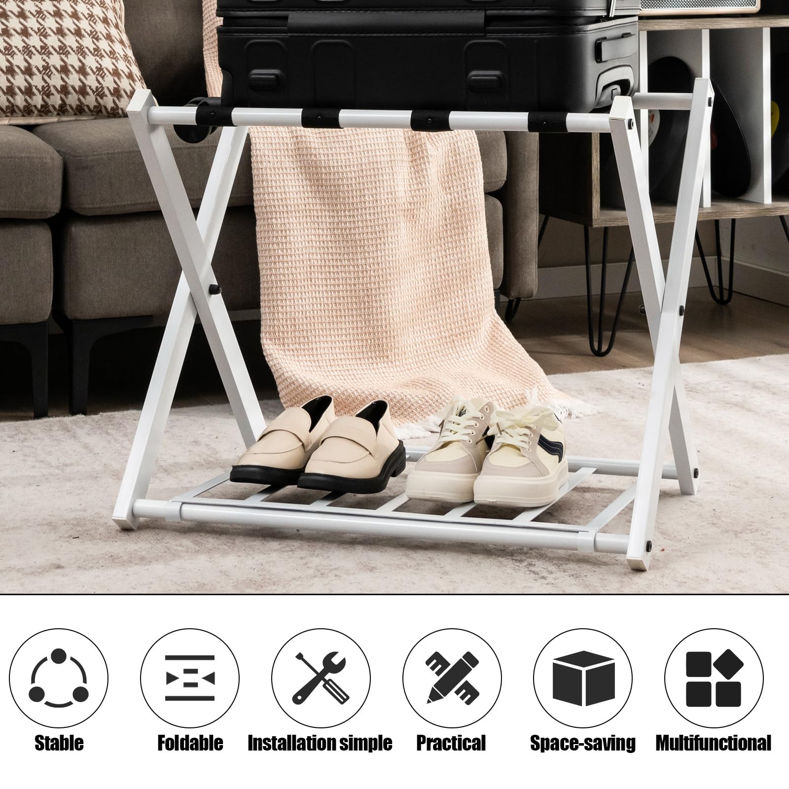 HOMASIS Estante para equipaje plegable, Soporte de metal para maletas y bolsas con estante, Portaequipajes con diseño de 2 niveles, para habitación, hotel, 68x43x56cm (Blanco, 2)